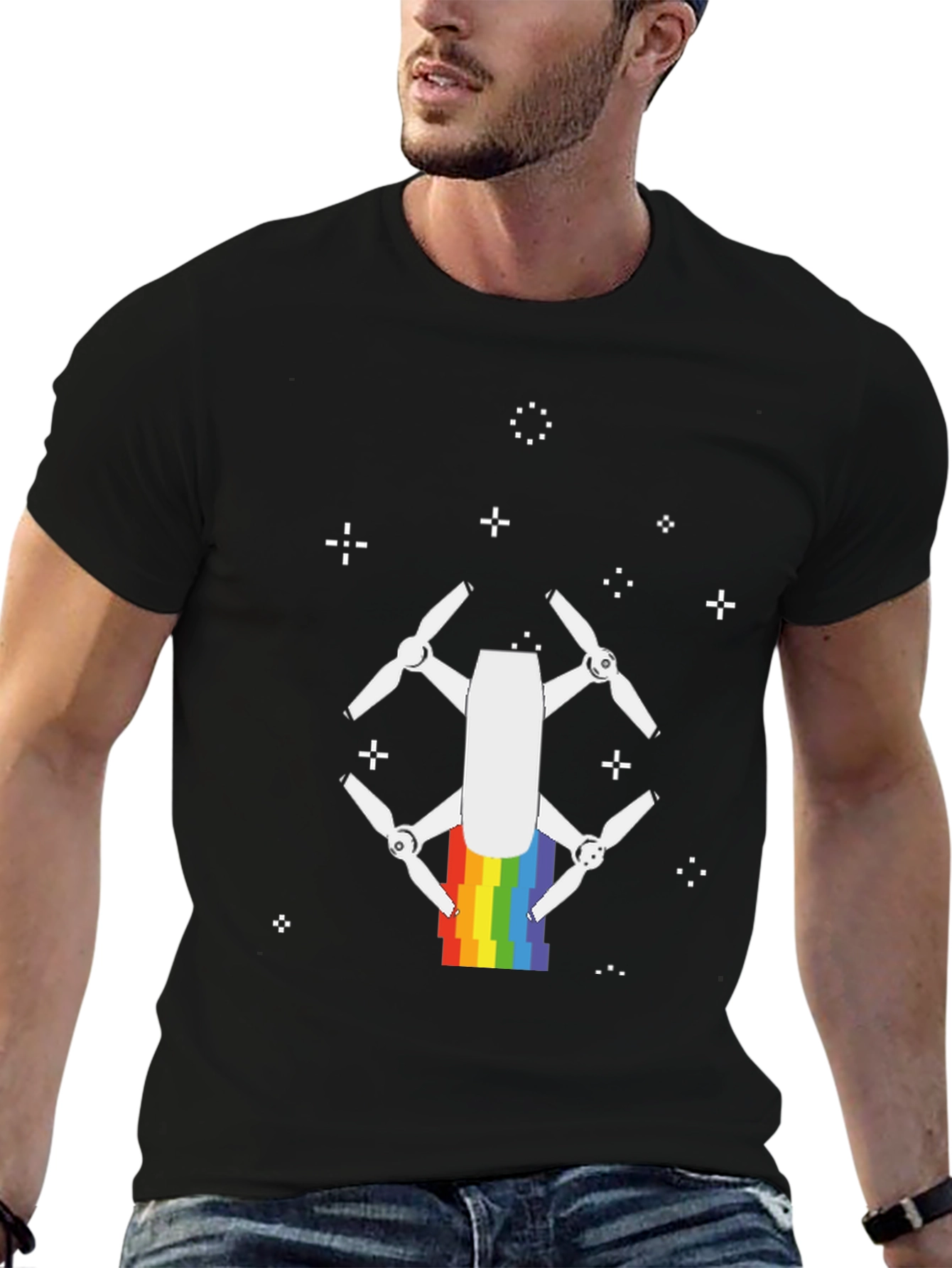 Rainbow Drone Graphic Tee - Black Cotton T-Shirt