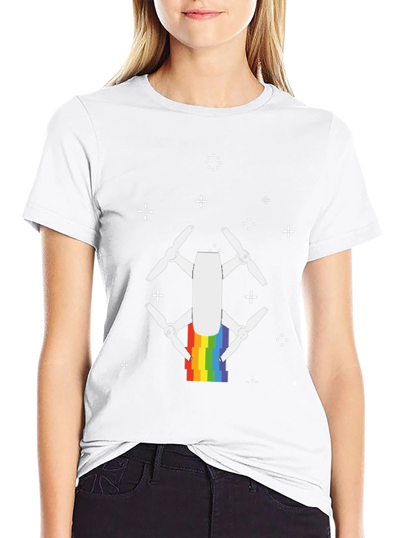 Rainbow Drone Graphic Tee - Black Cotton T-Shirt