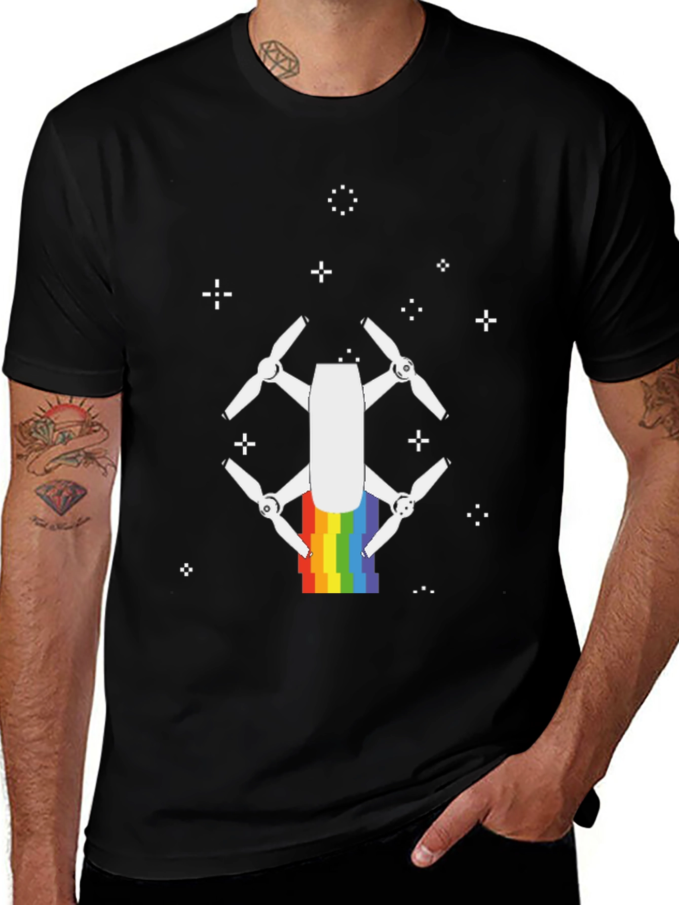 Rainbow Drone Graphic Tee - Black Cotton T-Shirt