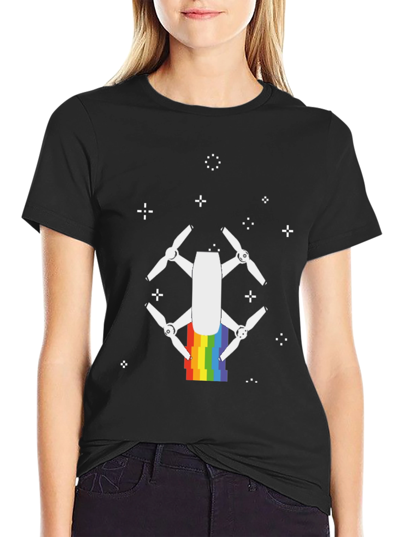 Rainbow Drone Graphic Tee - Black Cotton T-Shirt
