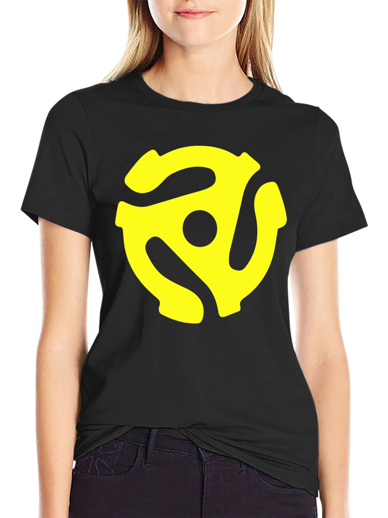 Black T-Shirt with Yellow 45 RPM Adapter Graphic