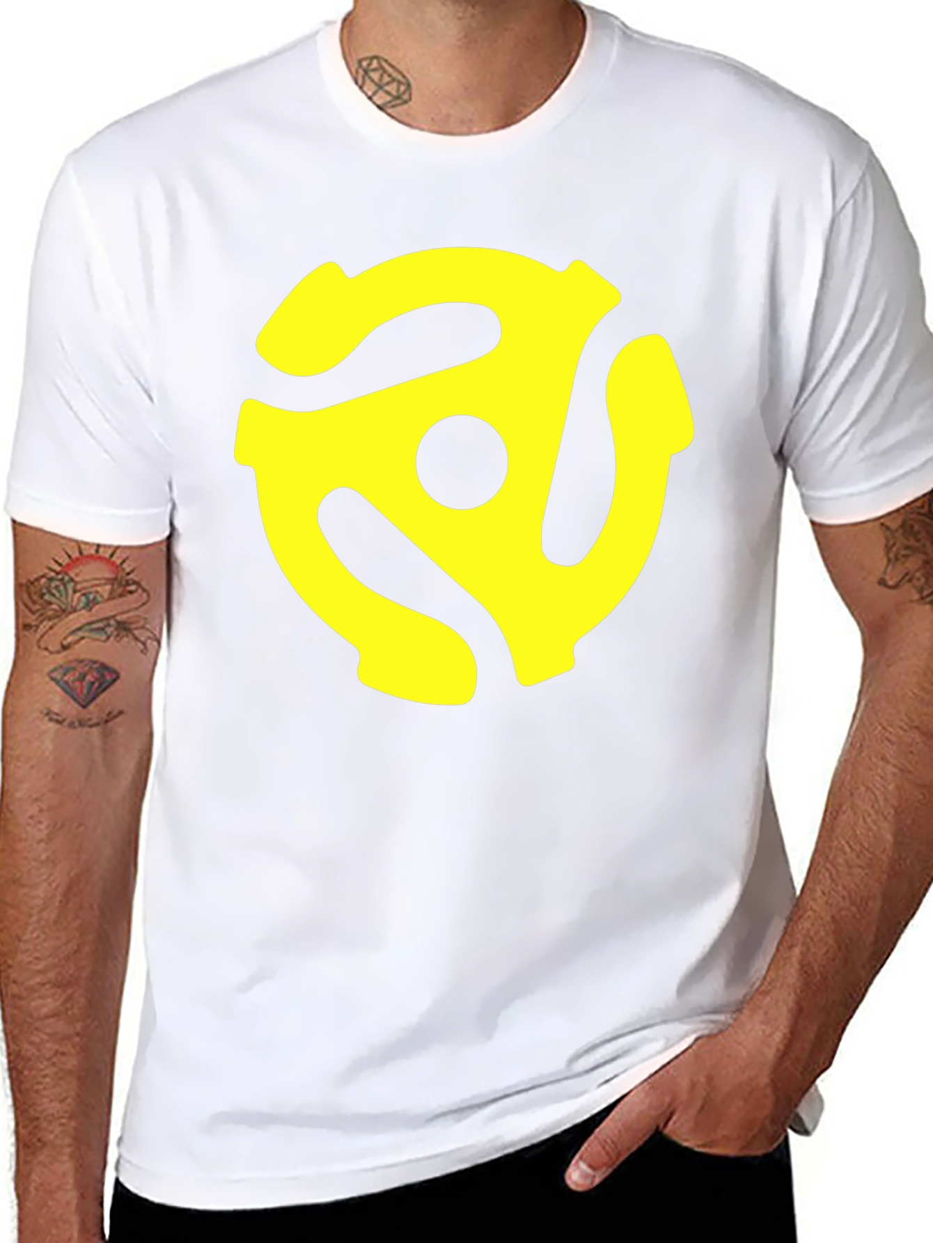 Black T-Shirt with Yellow 45 RPM Adapter Graphic