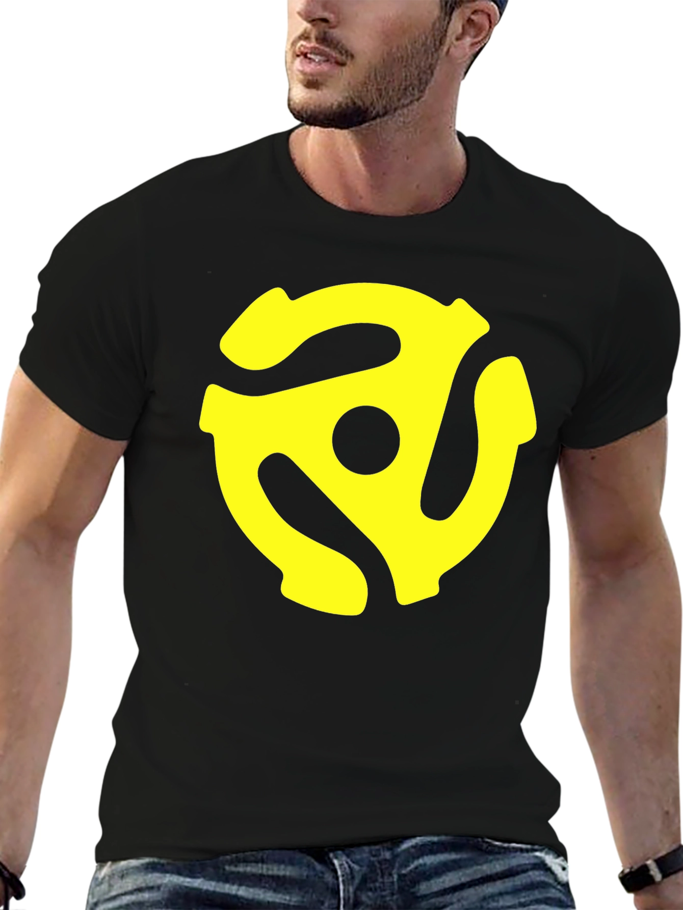 Black T-Shirt with Yellow 45 RPM Adapter Graphic