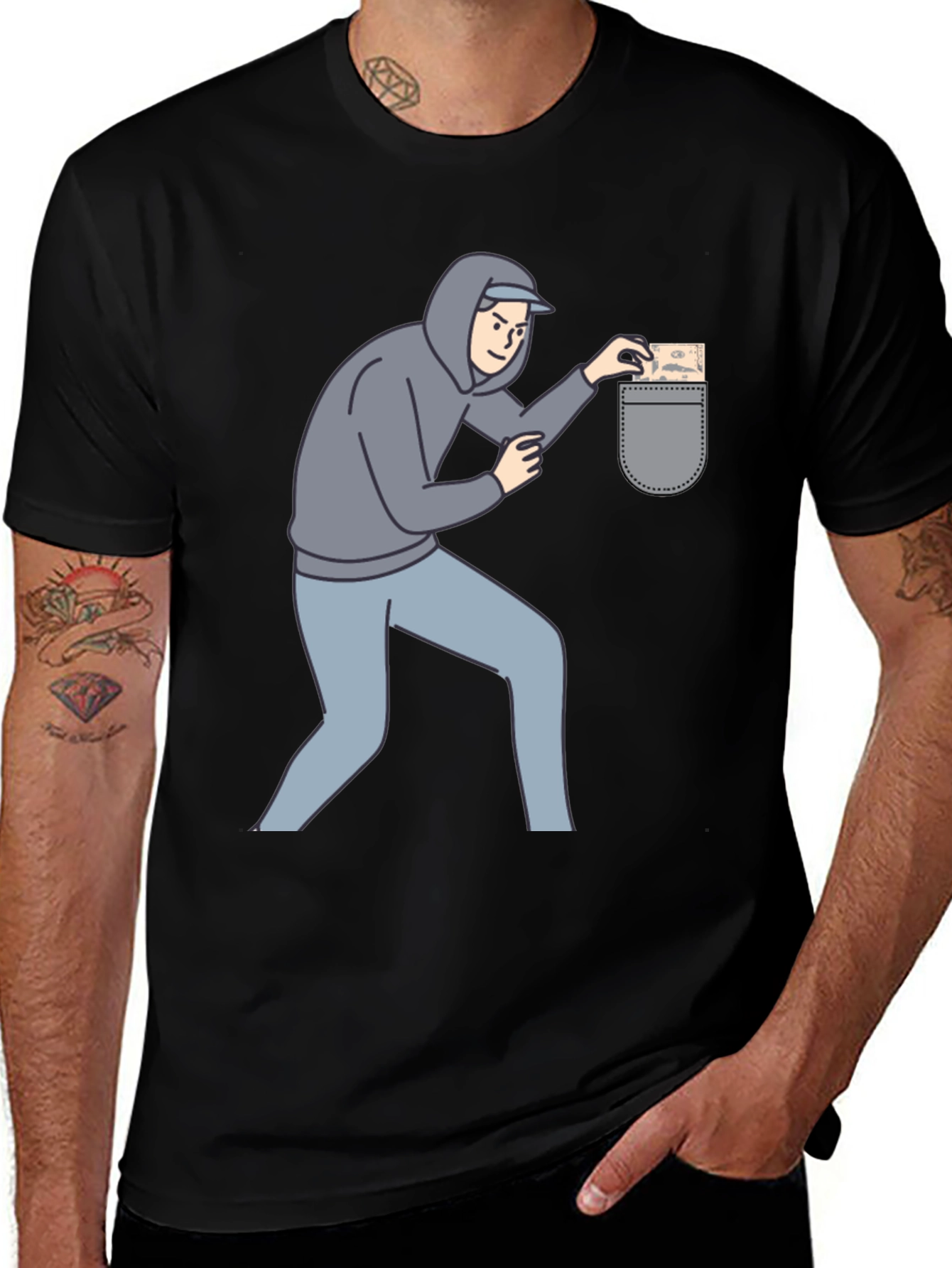Funny Pickpocket Graphic Tee - Black Cotton Blend Shirt