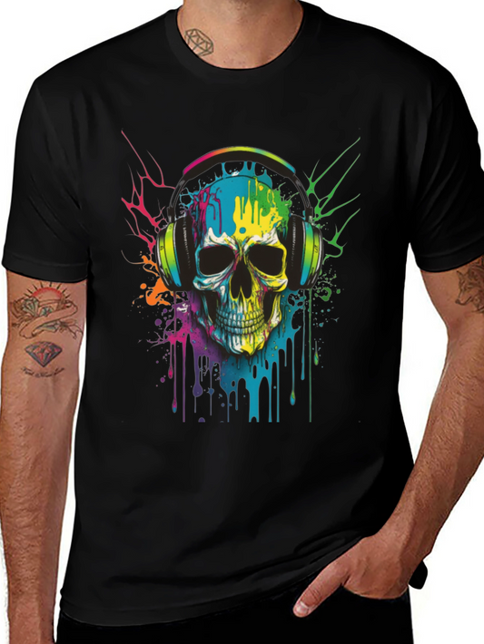 Skull Headphones Graphic Tee - Vivid Color Print