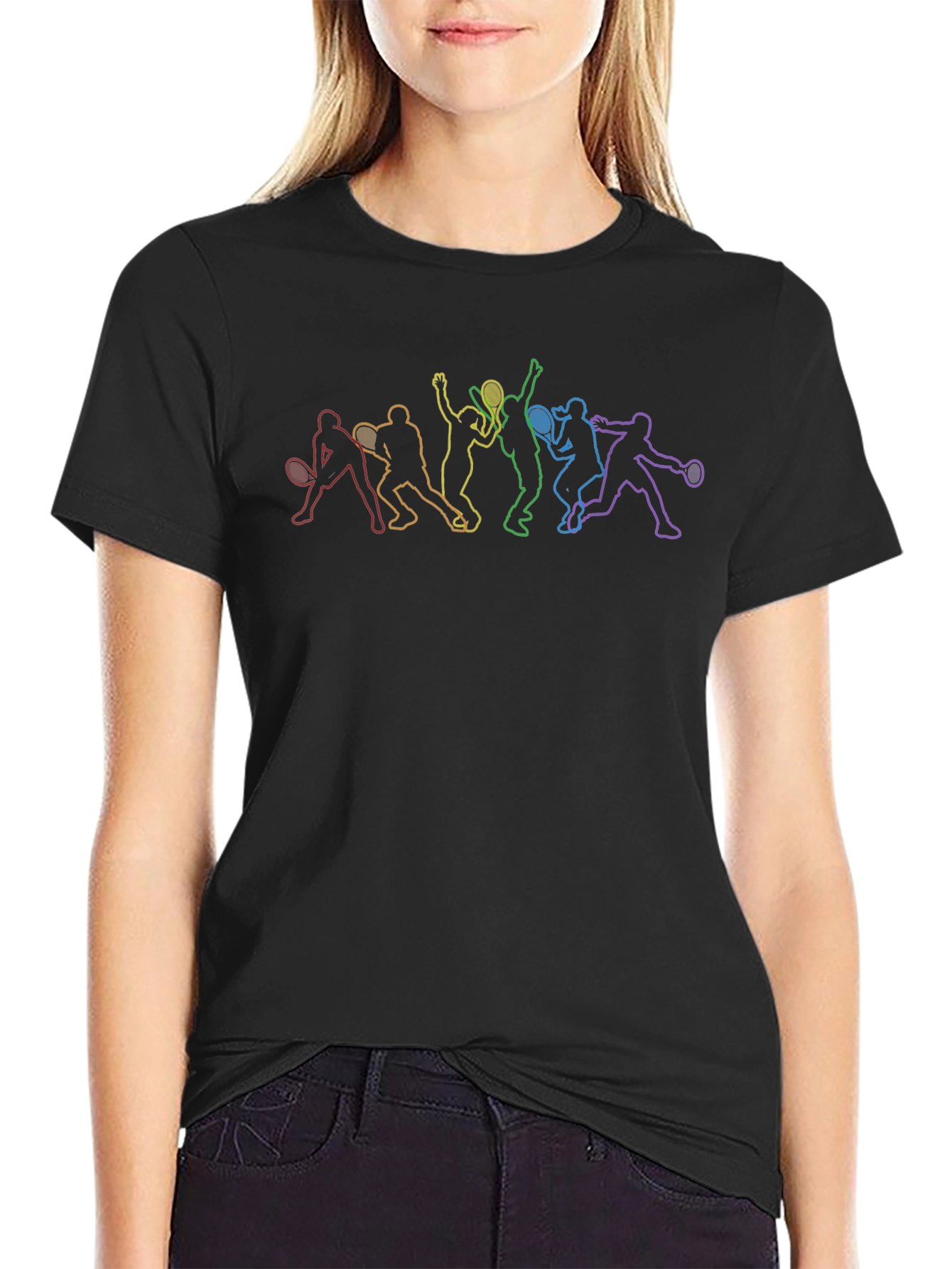 Rainbow Tennis Player Silhouette Black T-Shirt