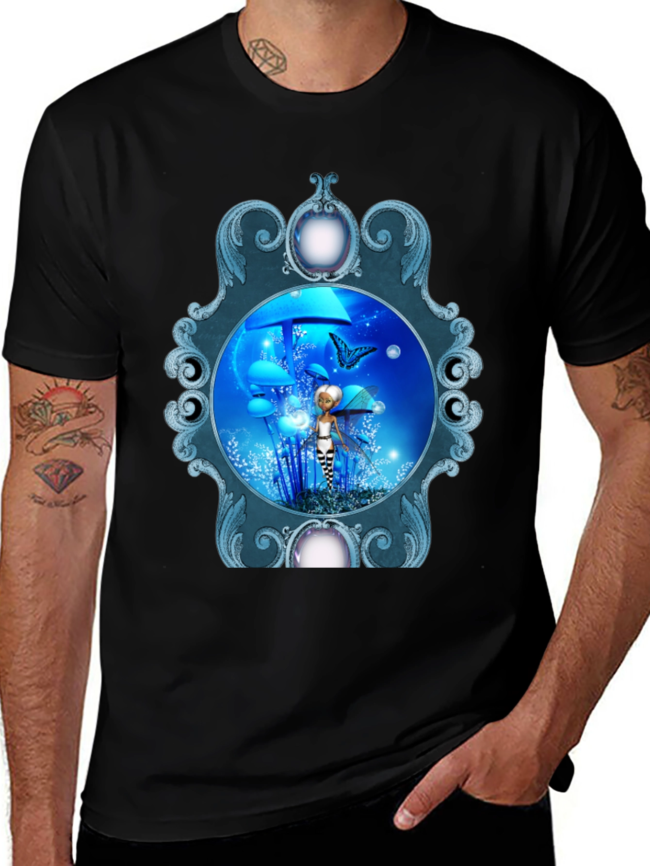 Fairy & Butterfly Graphic Print Black T-Shirt