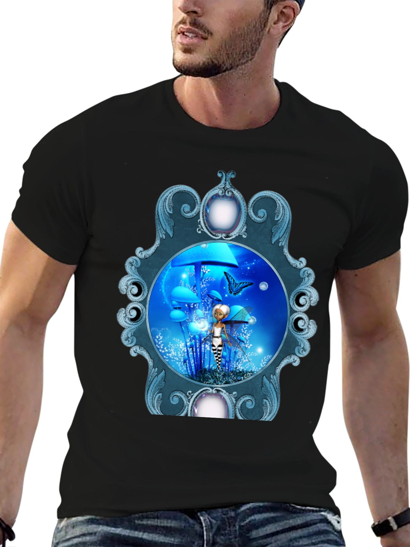 Fairy & Butterfly Graphic Print Black T-Shirt