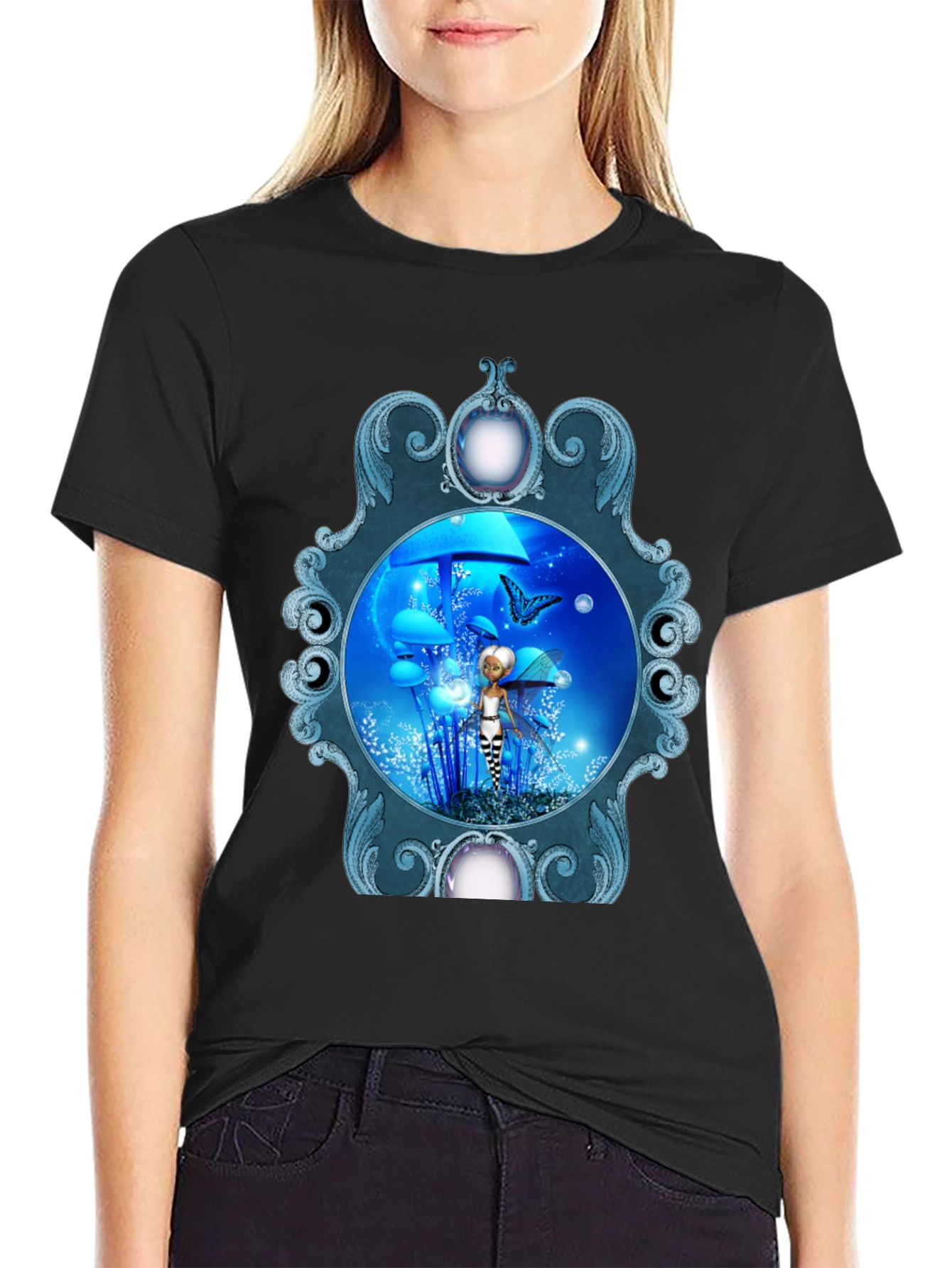 Fairy & Butterfly Graphic Print Black T-Shirt