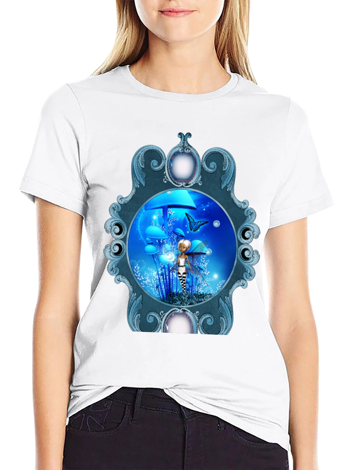 Fairy & Butterfly Graphic Print Black T-Shirt