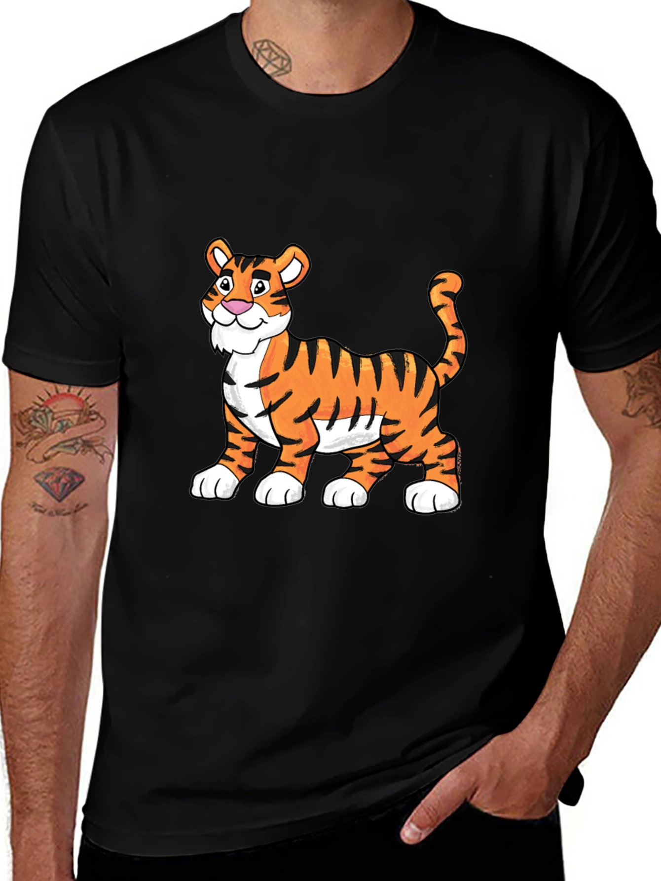 Cartoon Tiger Graphic Tee - Soft Black Cotton