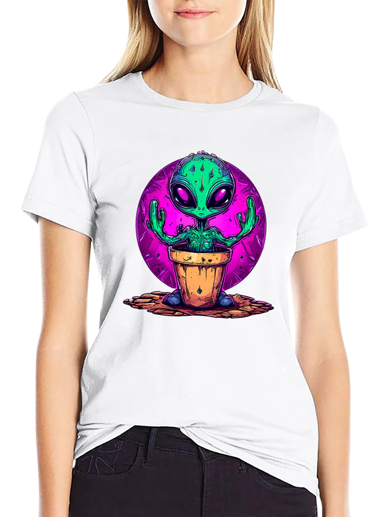 Alien in Pot Graphic Tee - Black Cotton T-Shirt