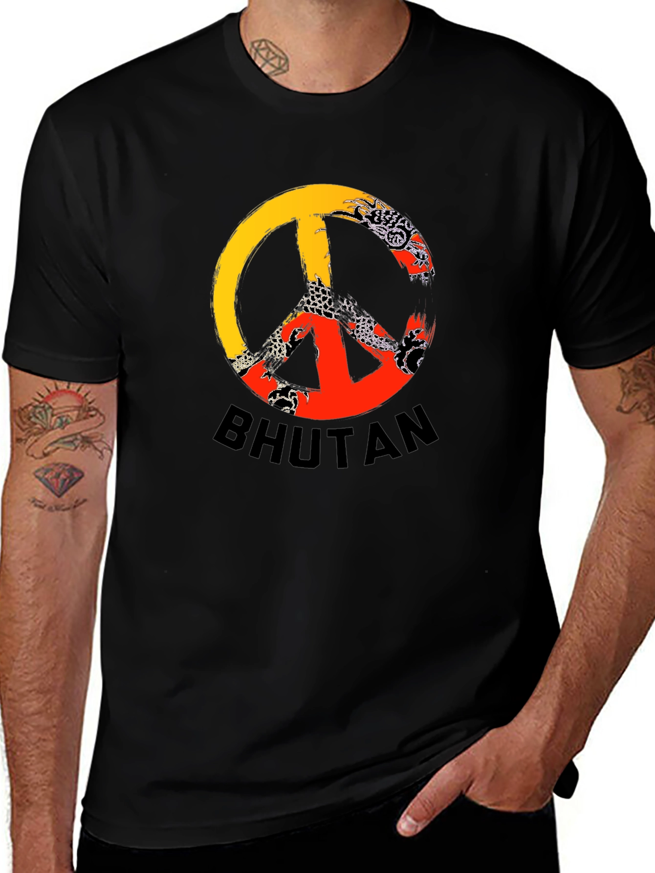 Bhutan Flag Peace Sign Graphic T-Shirt