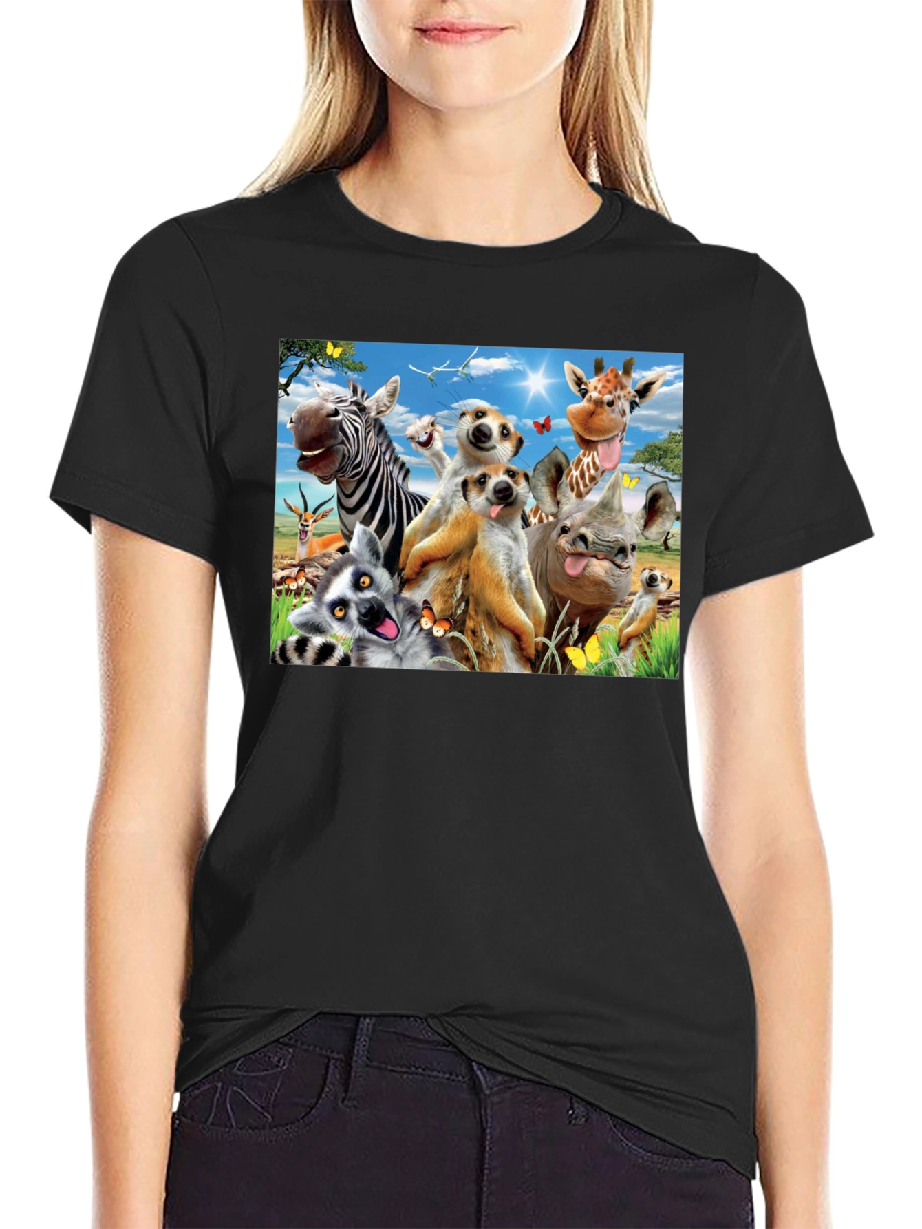 Funny Animals Selfie Black T-Shirt