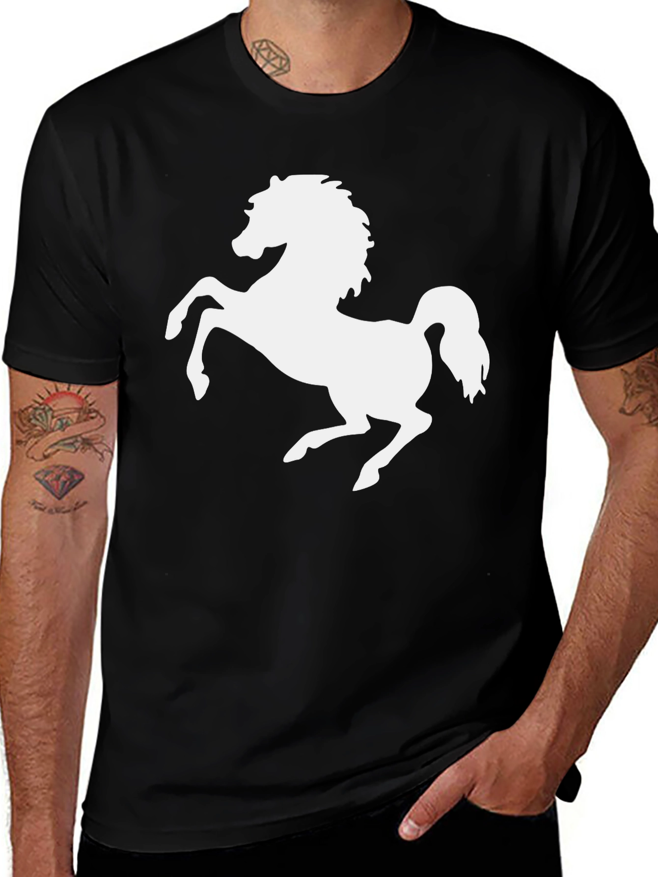 Black T-Shirt with White Horse Graphic