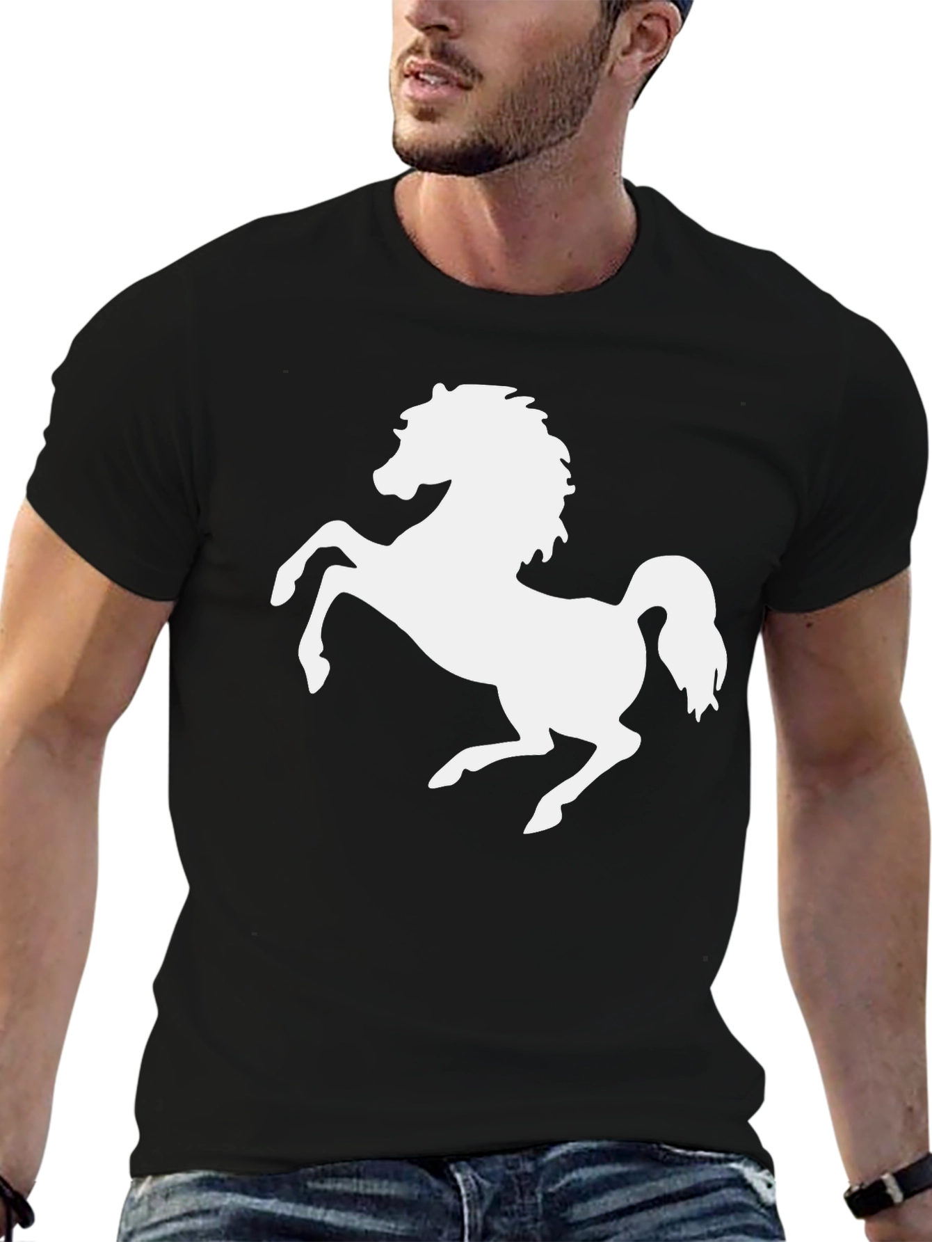 Black T-Shirt with White Horse Graphic