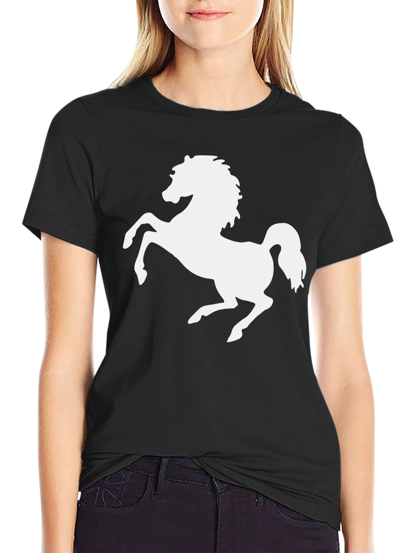 Black T-Shirt with White Horse Graphic