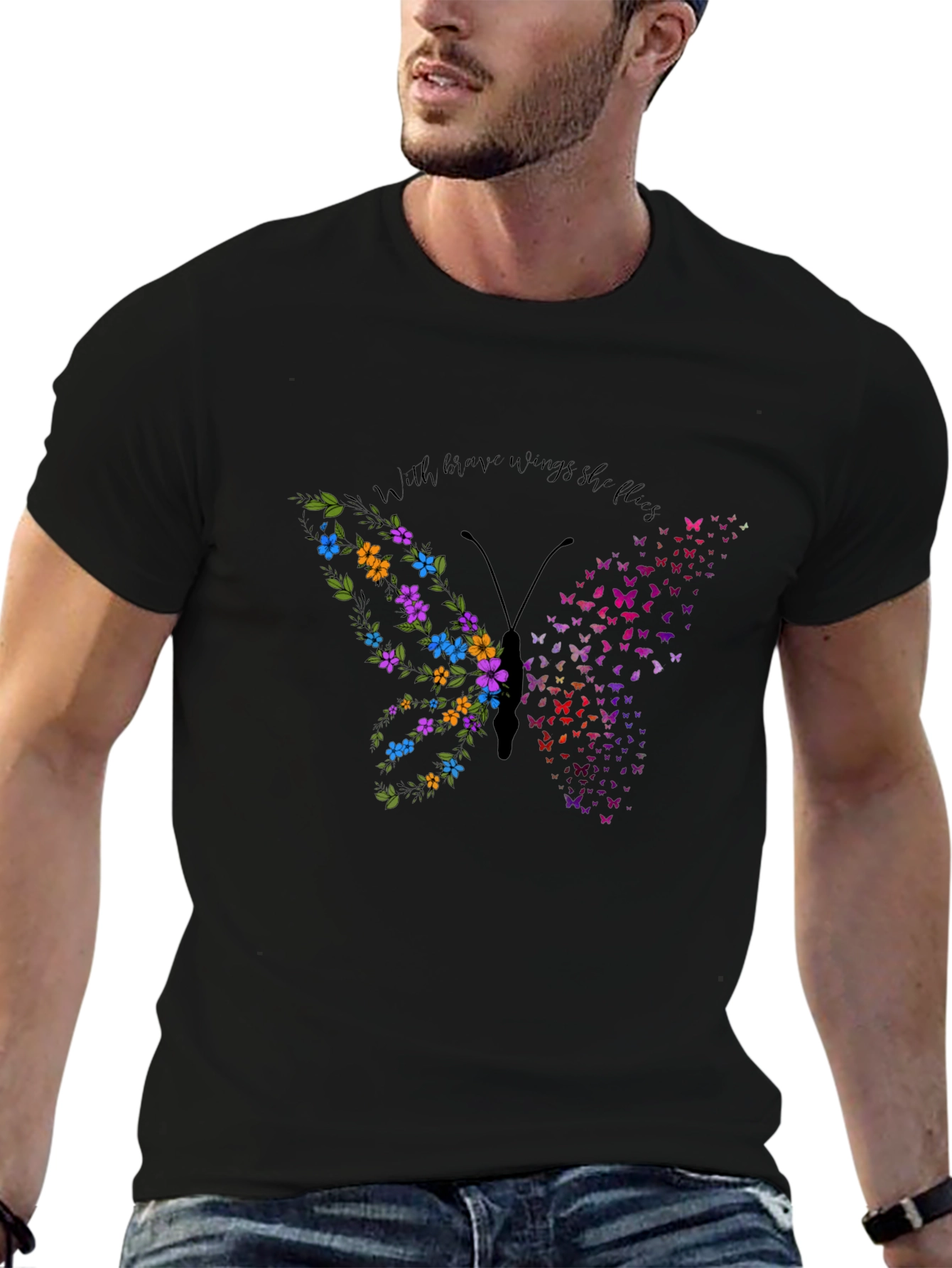 Butterfly Flower Graphic Mens Black T-Shirt