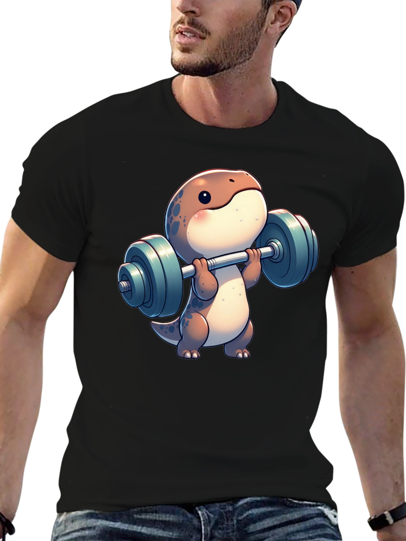 Dino Weightlifting T-Shirt - Cartoon Gym Reptile Tee