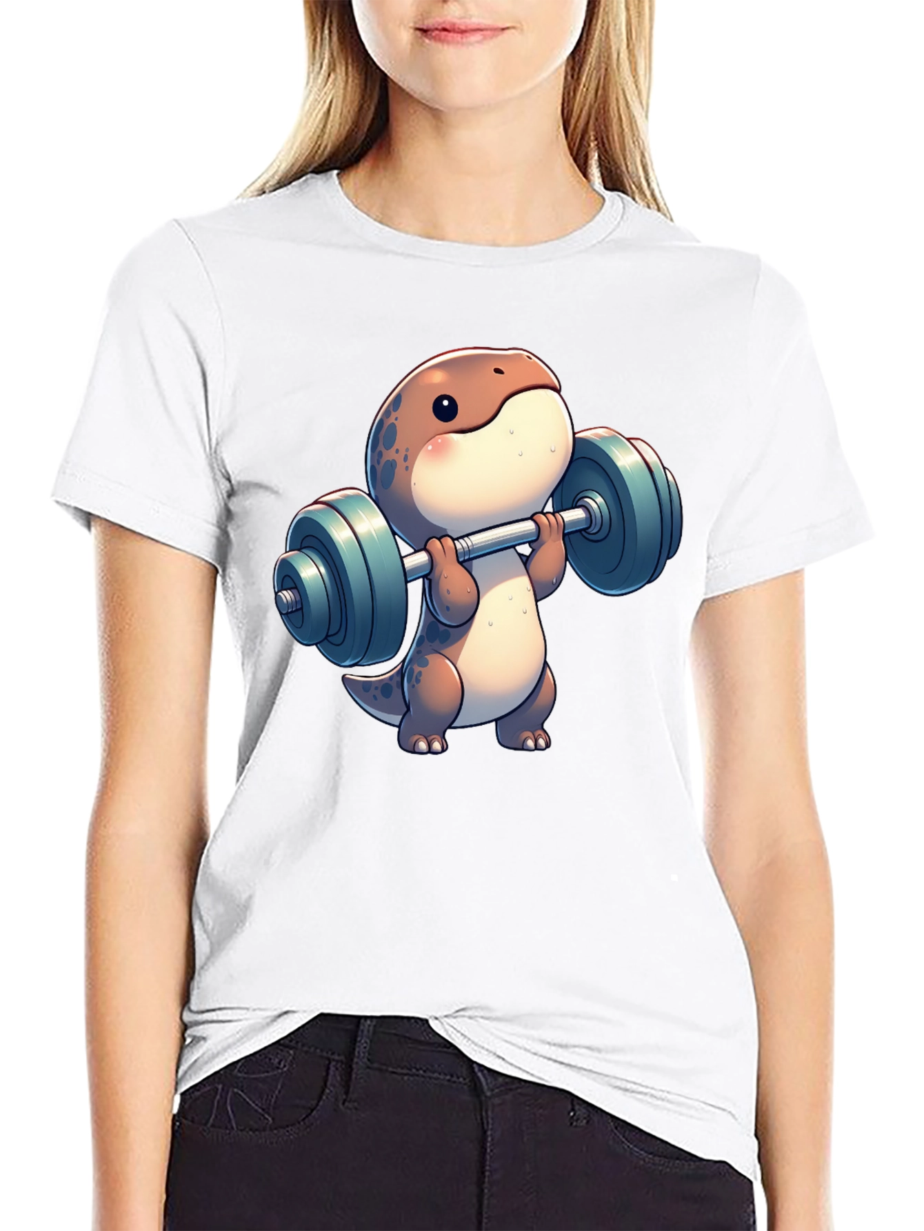 Dino Weightlifting T-Shirt - Cartoon Gym Reptile Tee