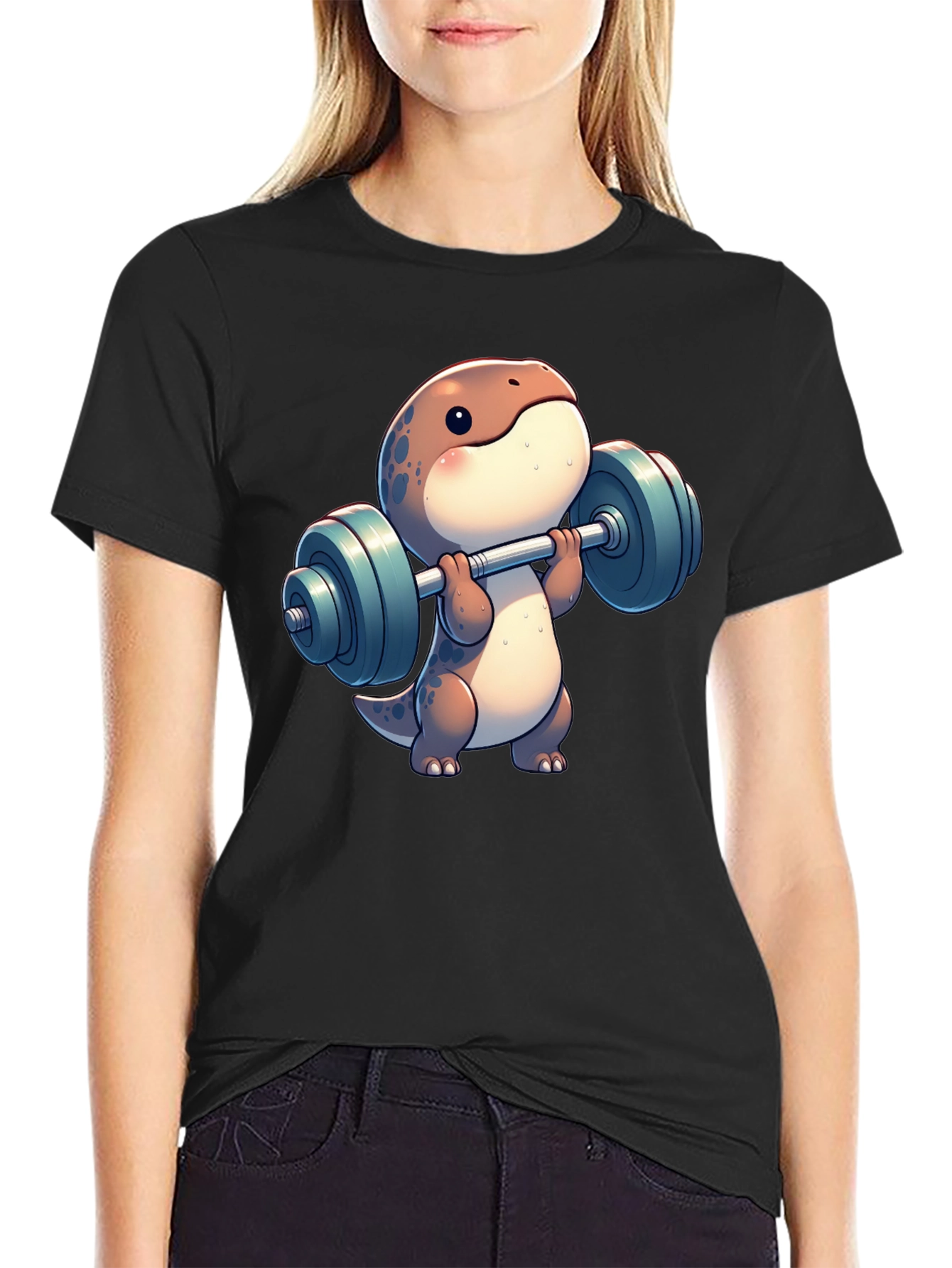 Dino Weightlifting T-Shirt - Cartoon Gym Reptile Tee