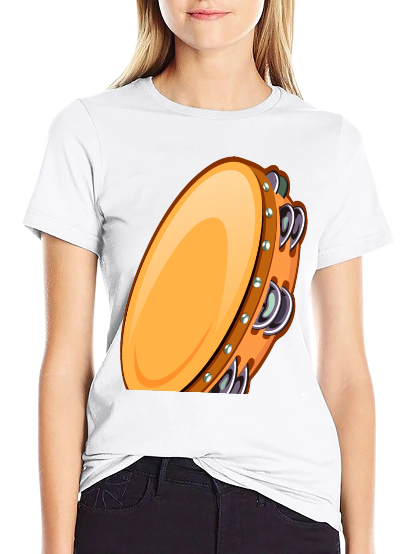 Cartoon Tambourine Graphic Tee - Black Cotton Comfort
