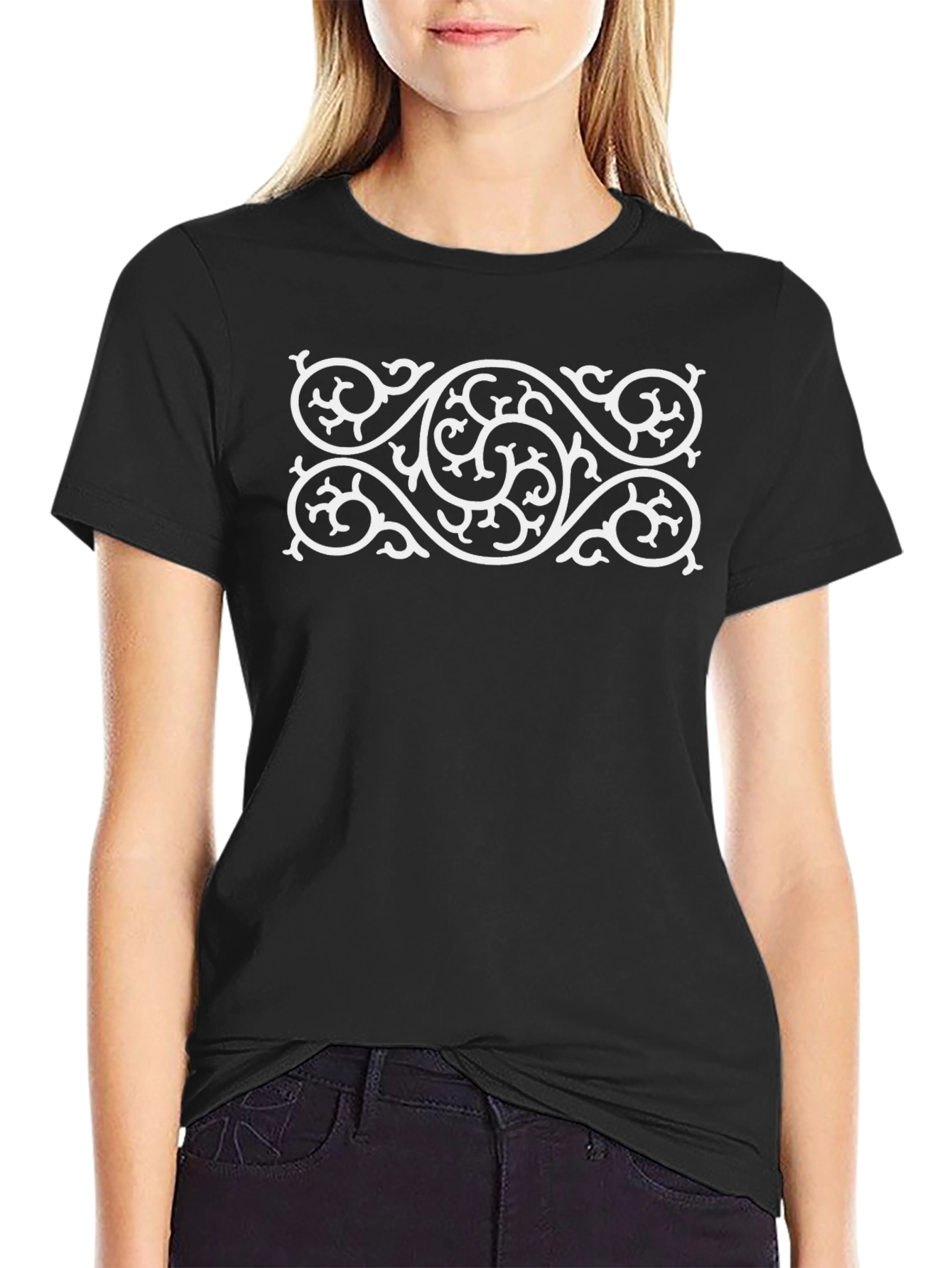 Mens Black T-Shirt with White Swirl Design