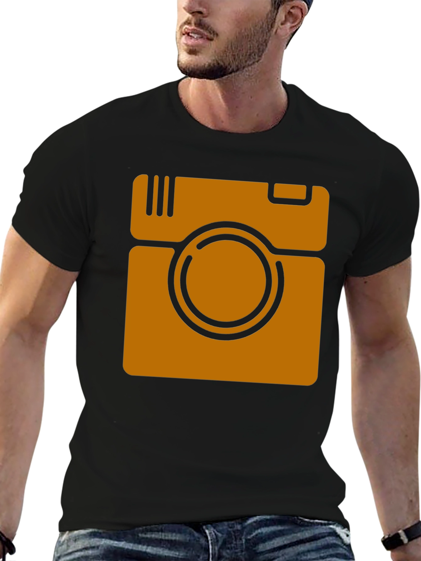 Retro Camera Graphic Tee - Black Cotton Casual Shirt