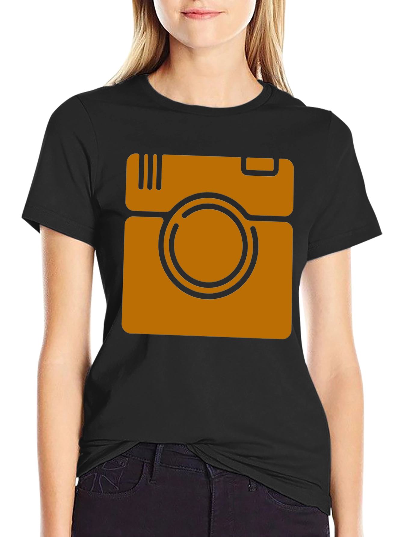 Retro Camera Graphic Tee - Black Cotton Casual Shirt
