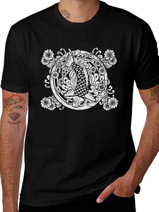 Koi Fish Graphic Tee - Black Cotton Casual Shirt