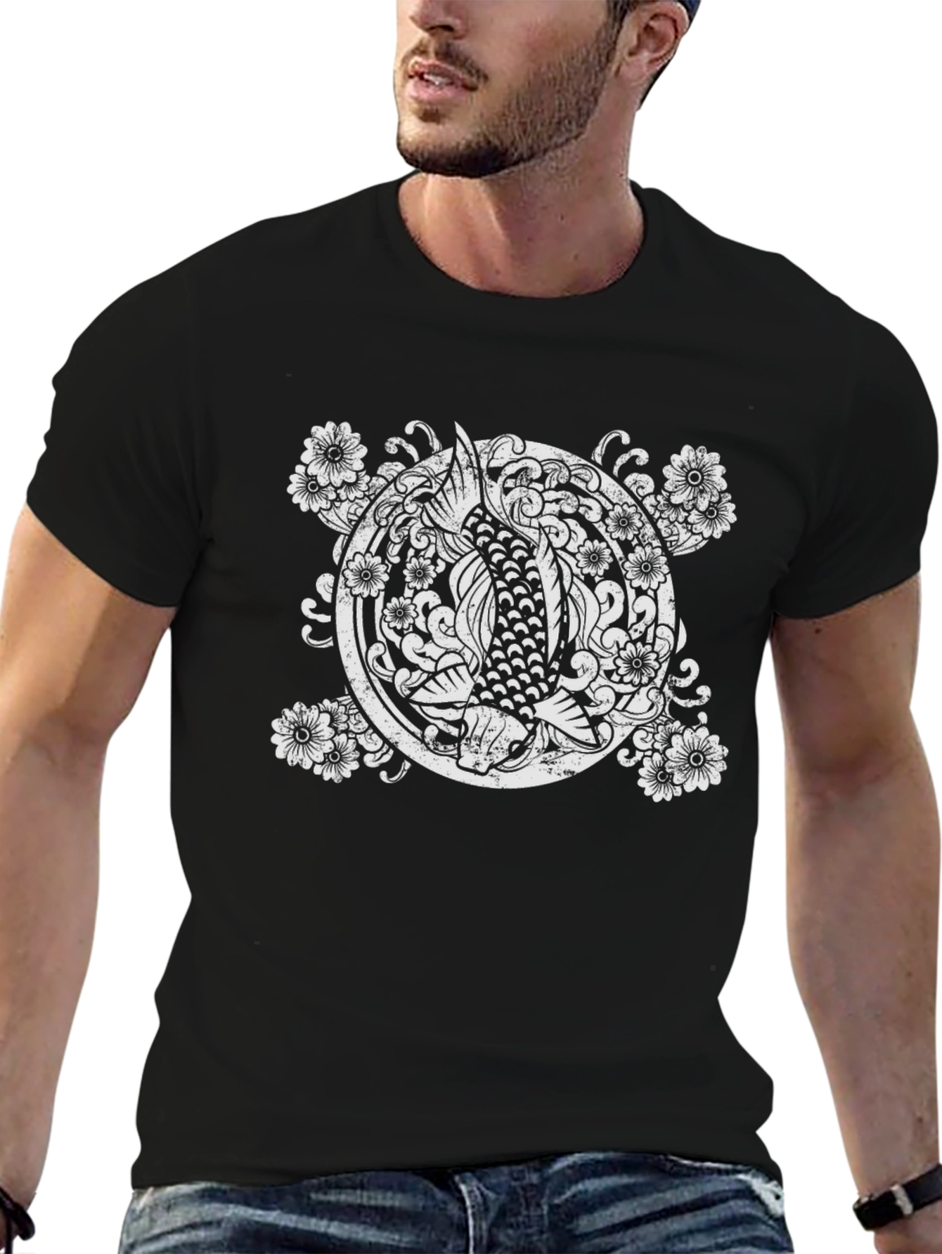 Koi Fish Graphic Tee - Black Cotton Casual Shirt