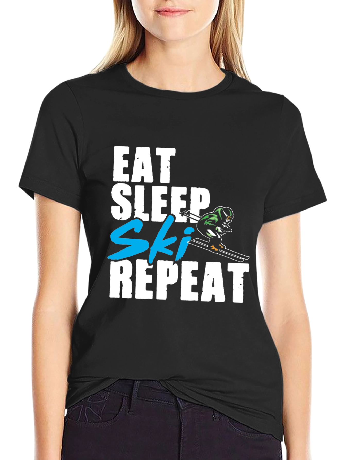 Eat Sleep Ski Repeat Graphic T-Shirt - Black
