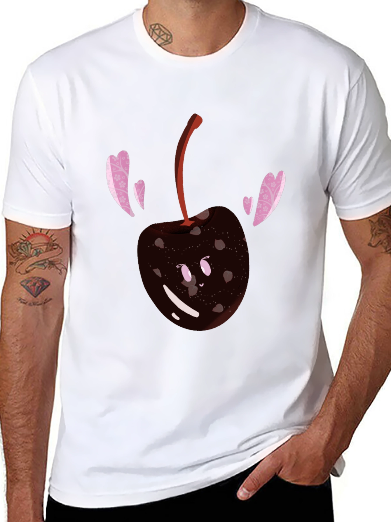 Cute Cherry Heart T-Shirt - Black Cotton Blend