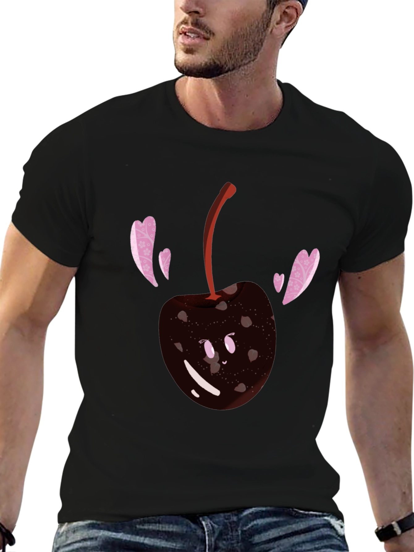 Cute Cherry Heart T-Shirt - Black Cotton Blend