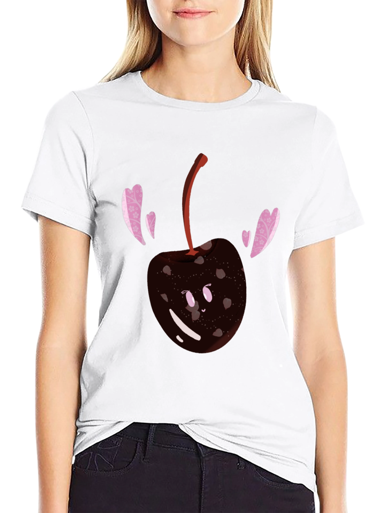 Cute Cherry Heart T-Shirt - Black Cotton Blend