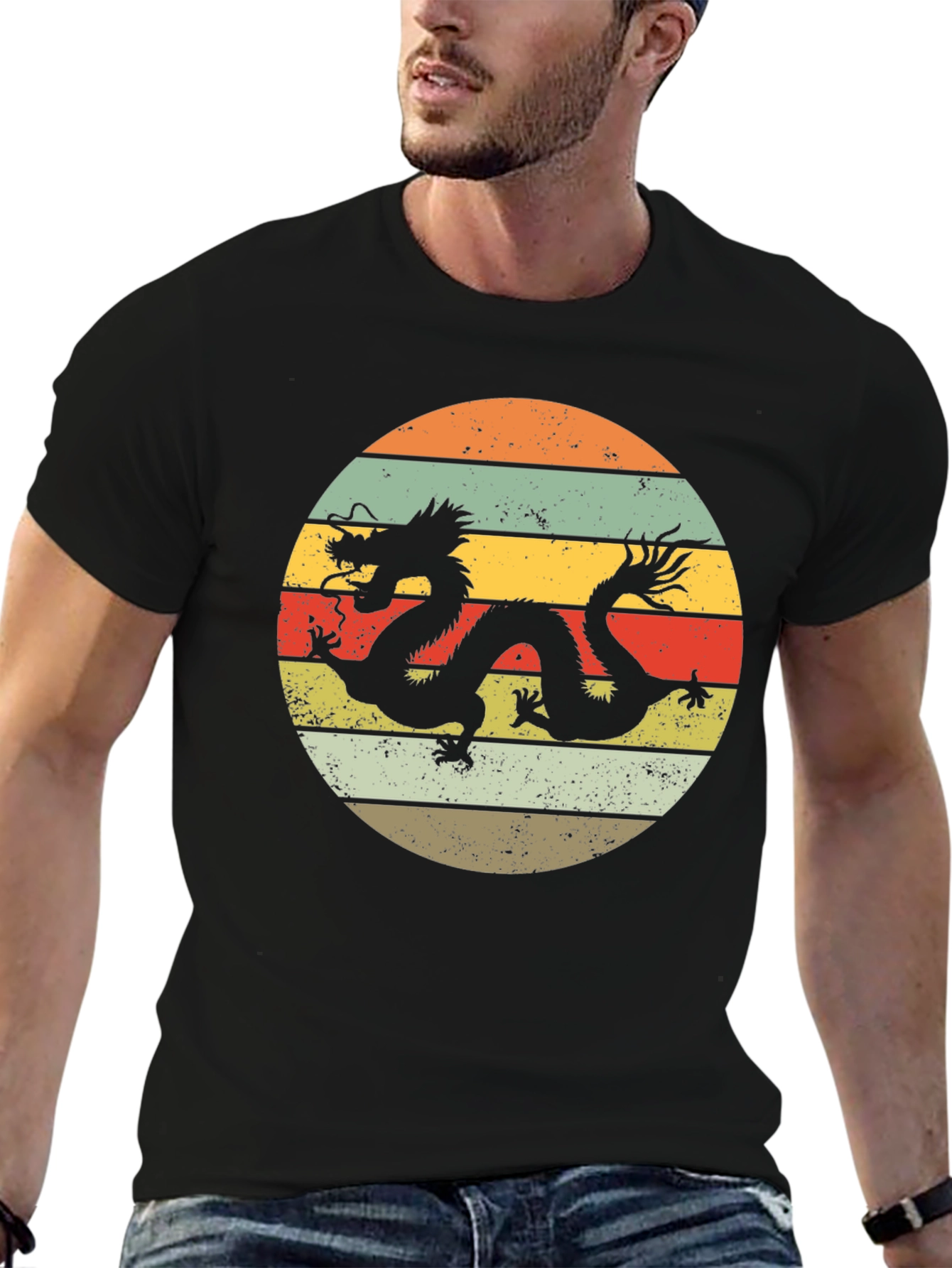 Dragon Circle Graphic Tee - Retro Style Black T-Shirt