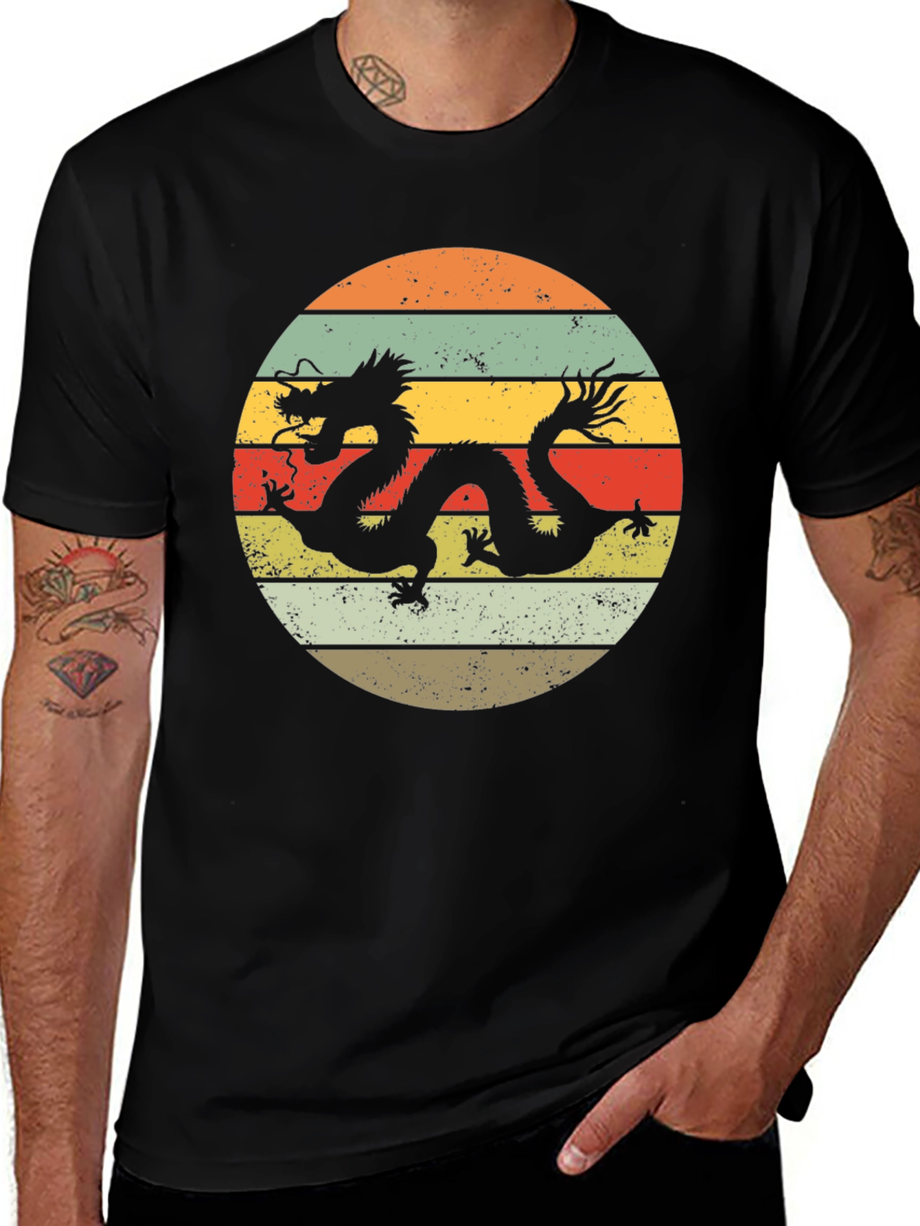 Dragon Circle Graphic Tee - Retro Style Black T-Shirt