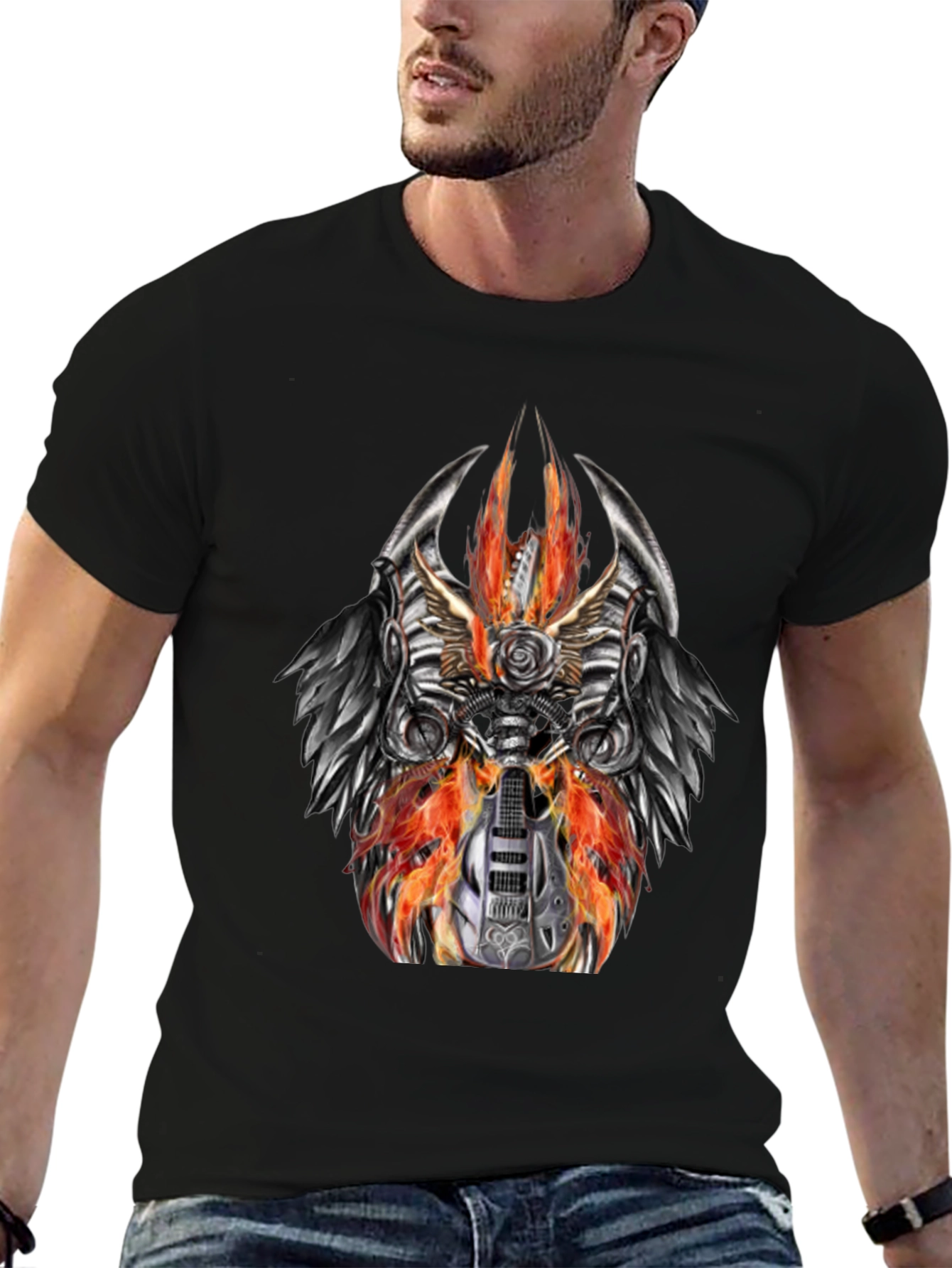 Fiery Guitar Graphic Tee - Rocker Style Black T-Shirt