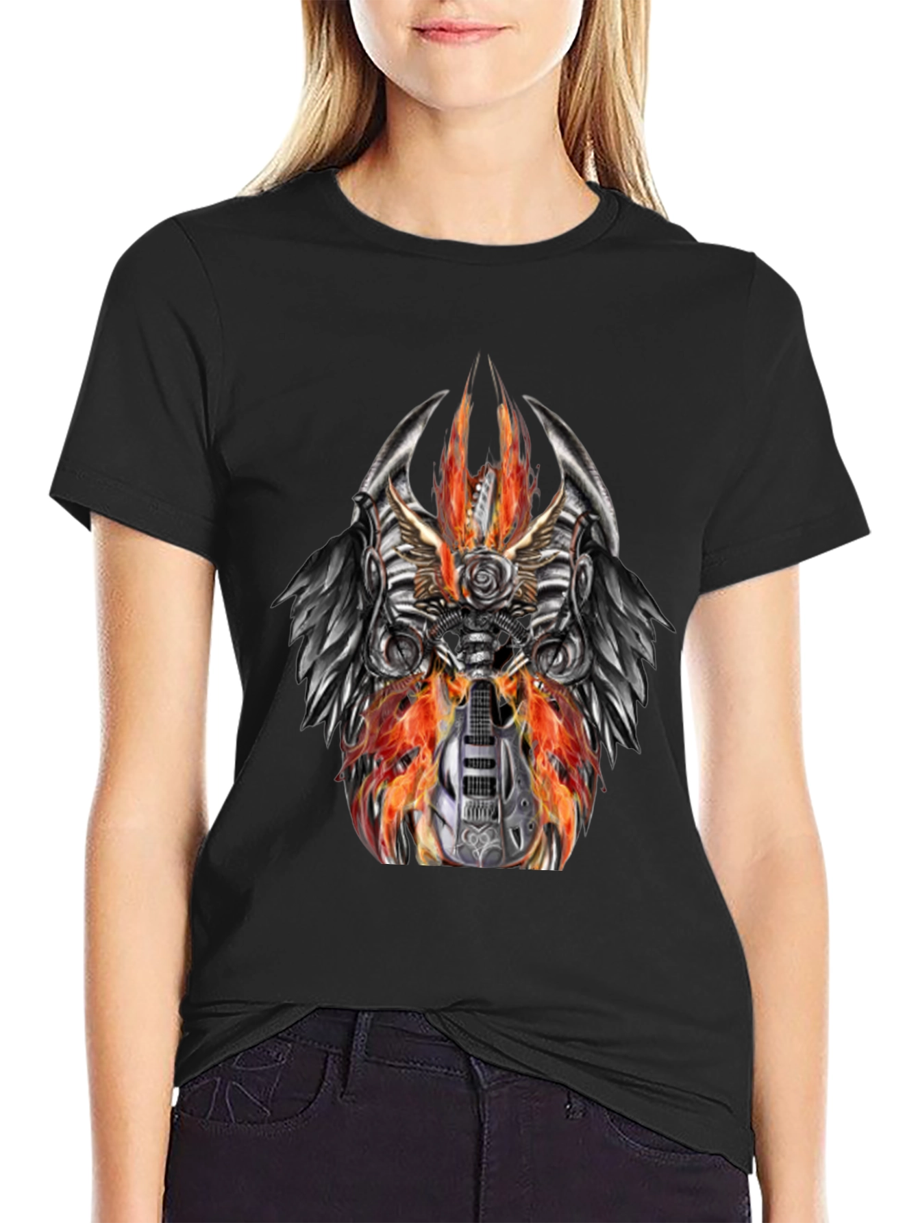 Fiery Guitar Graphic Tee - Rocker Style Black T-Shirt