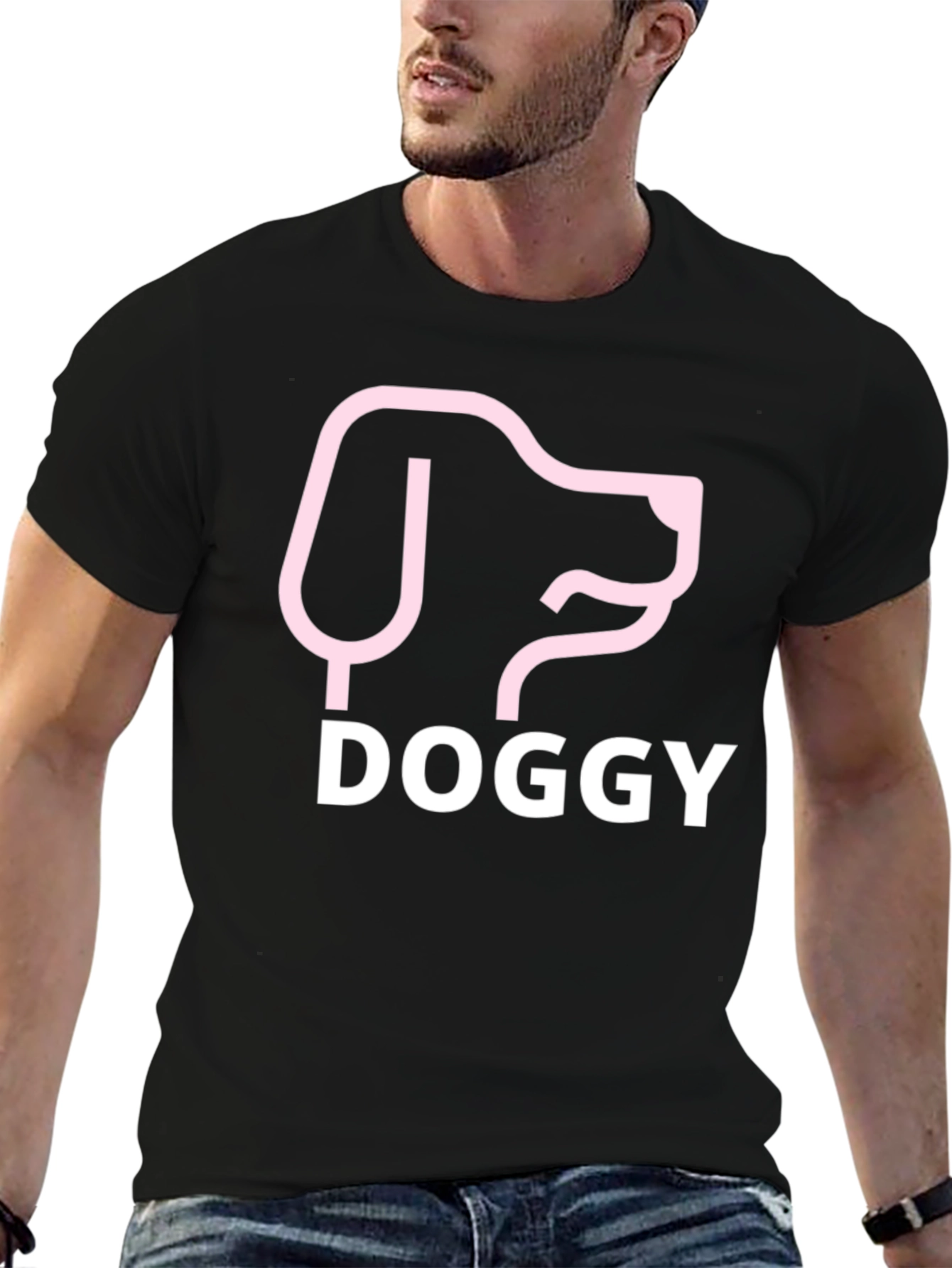 Doggy Tee: Pink Dog Graphic Black T-Shirt