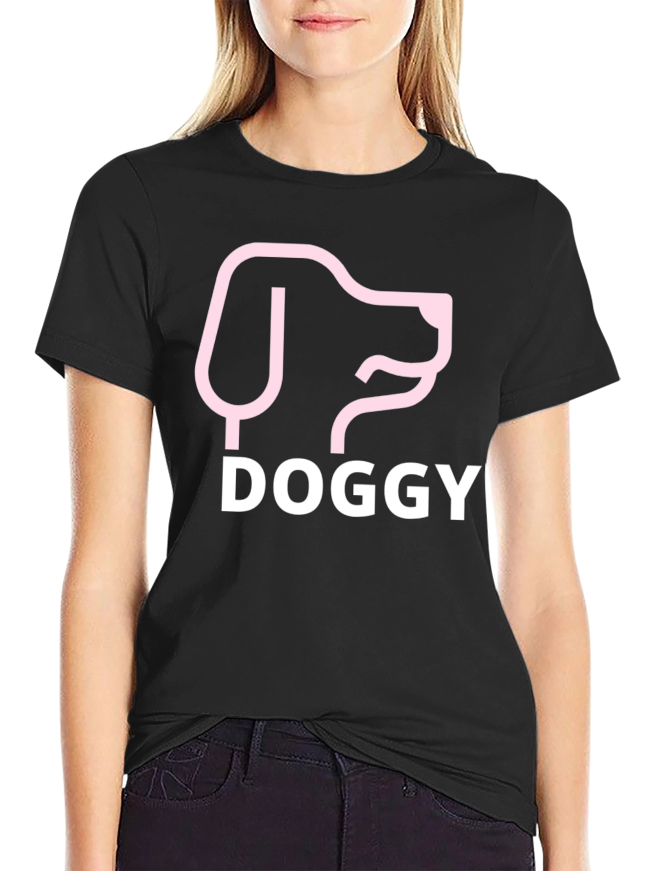 Doggy Tee: Pink Dog Graphic Black T-Shirt