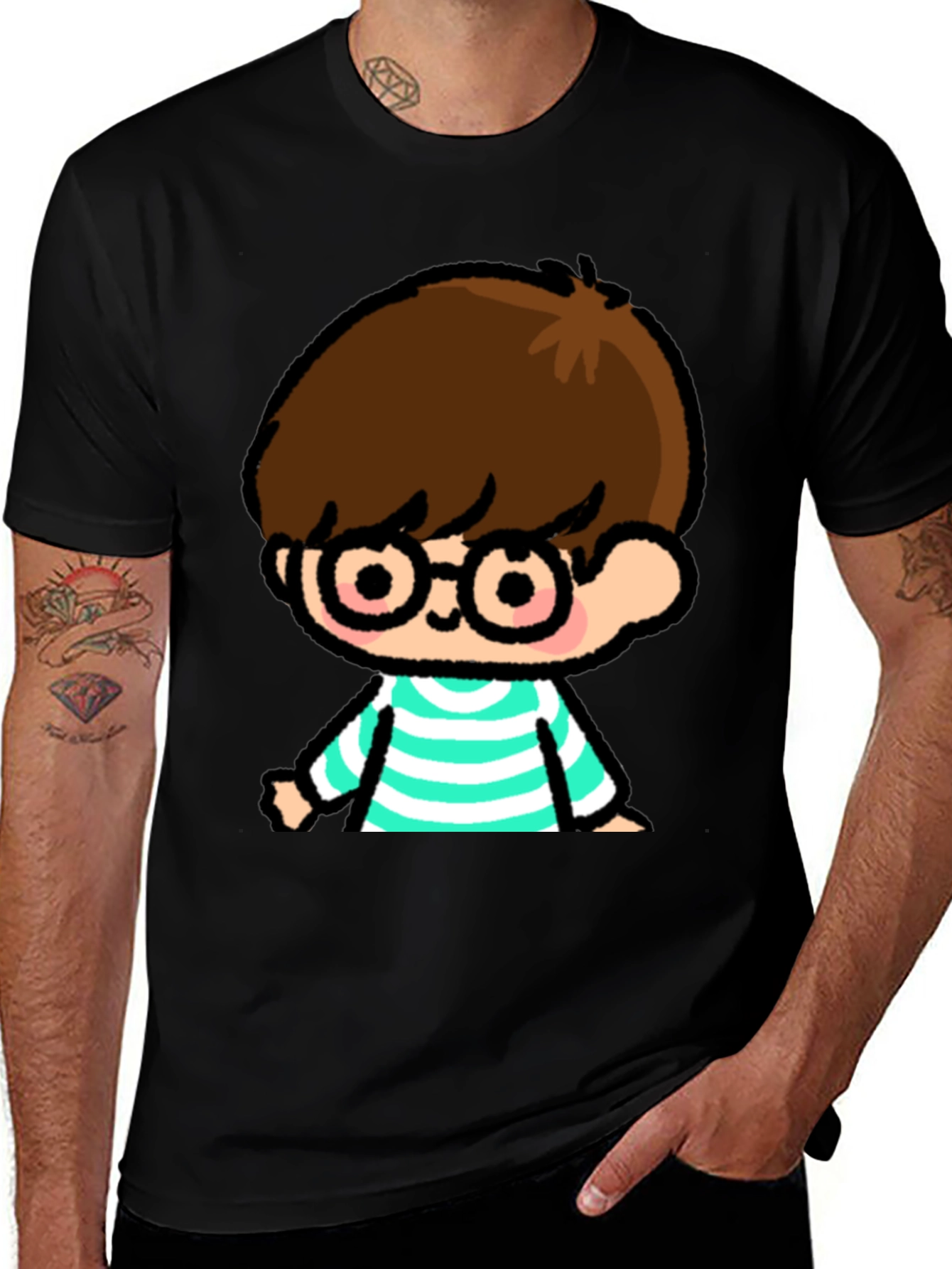 Cartoon Boy Graphic Tee - Casual Black T-Shirt