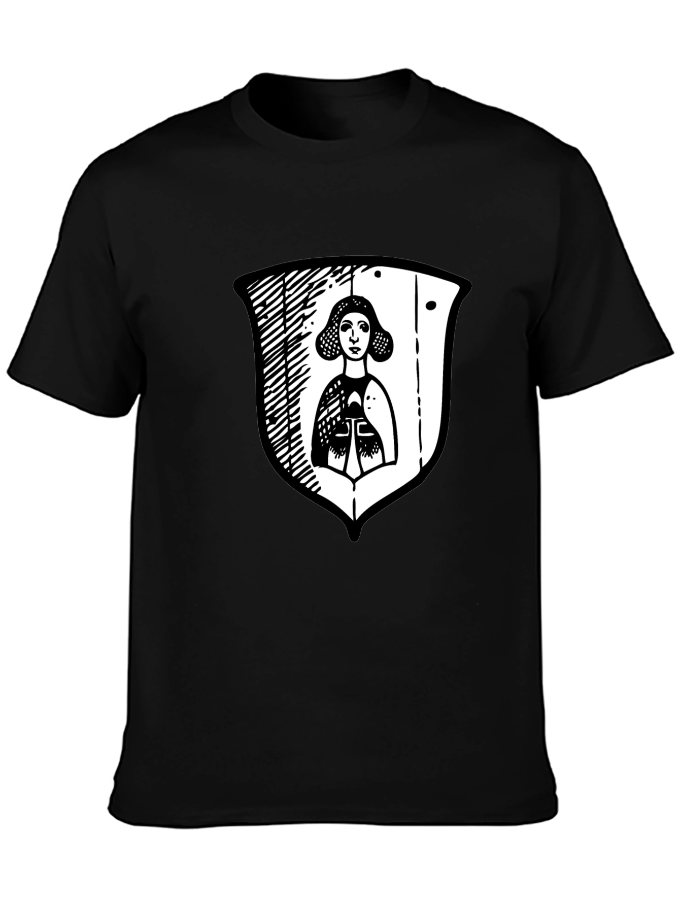 Black Graphic Tee with Medieval Lady Shield