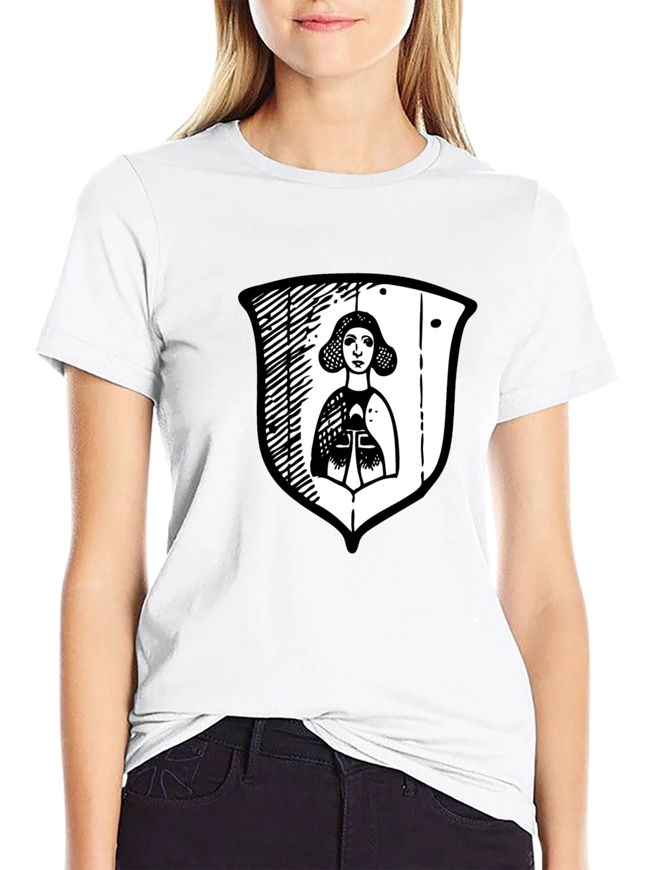 Black Graphic Tee with Medieval Lady Shield