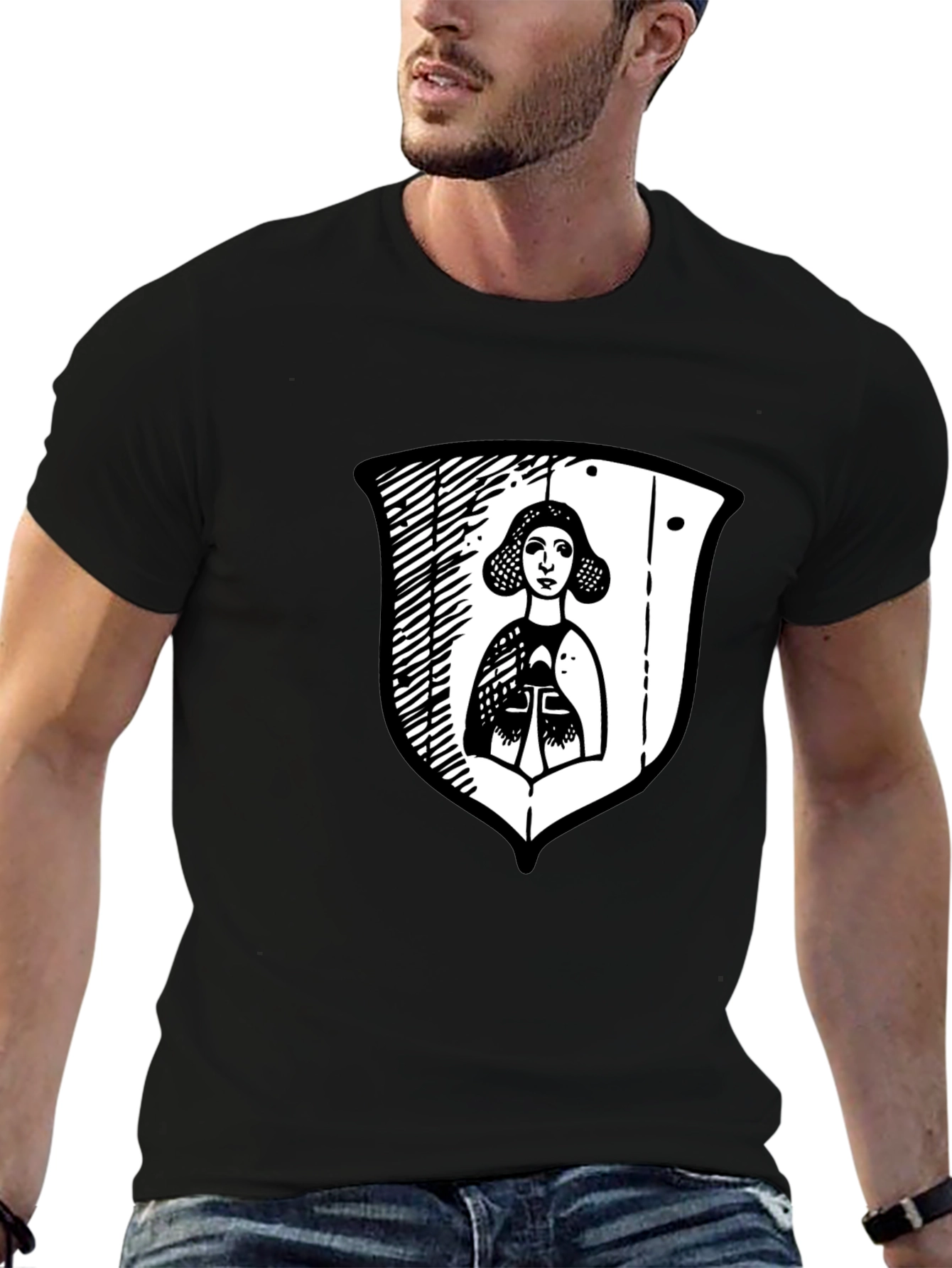 Black Graphic Tee with Medieval Lady Shield