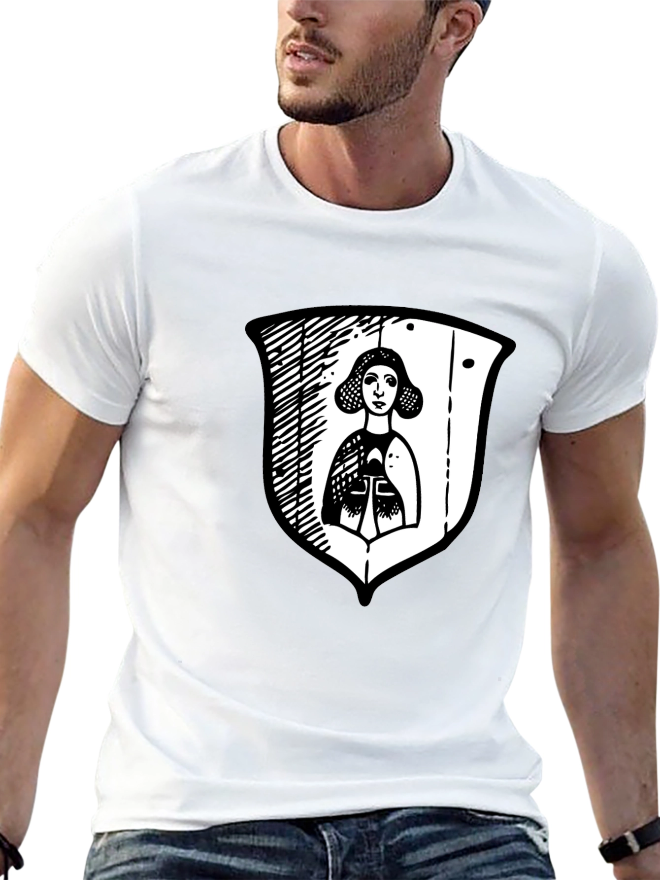 Black Graphic Tee with Medieval Lady Shield