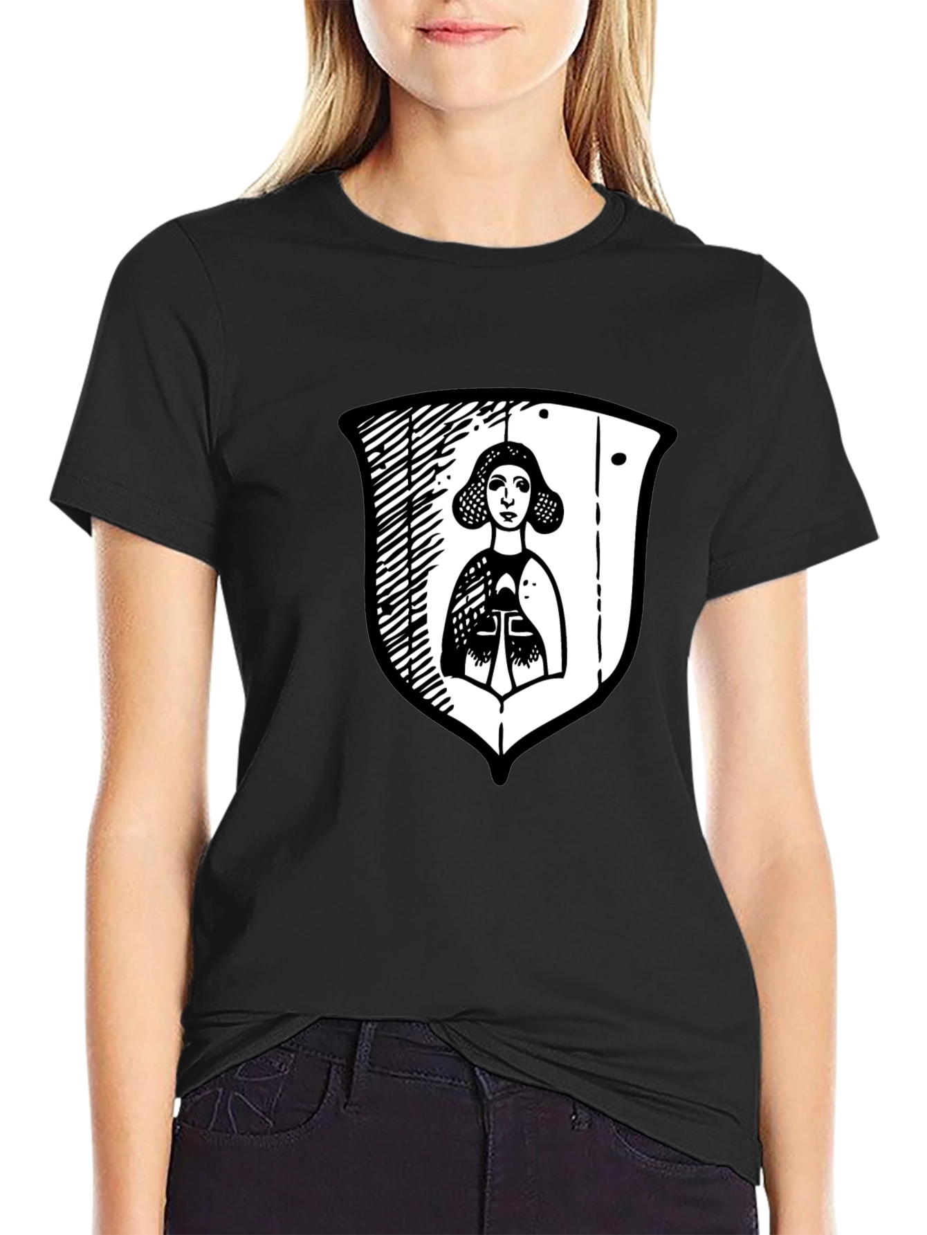 Black Graphic Tee with Medieval Lady Shield