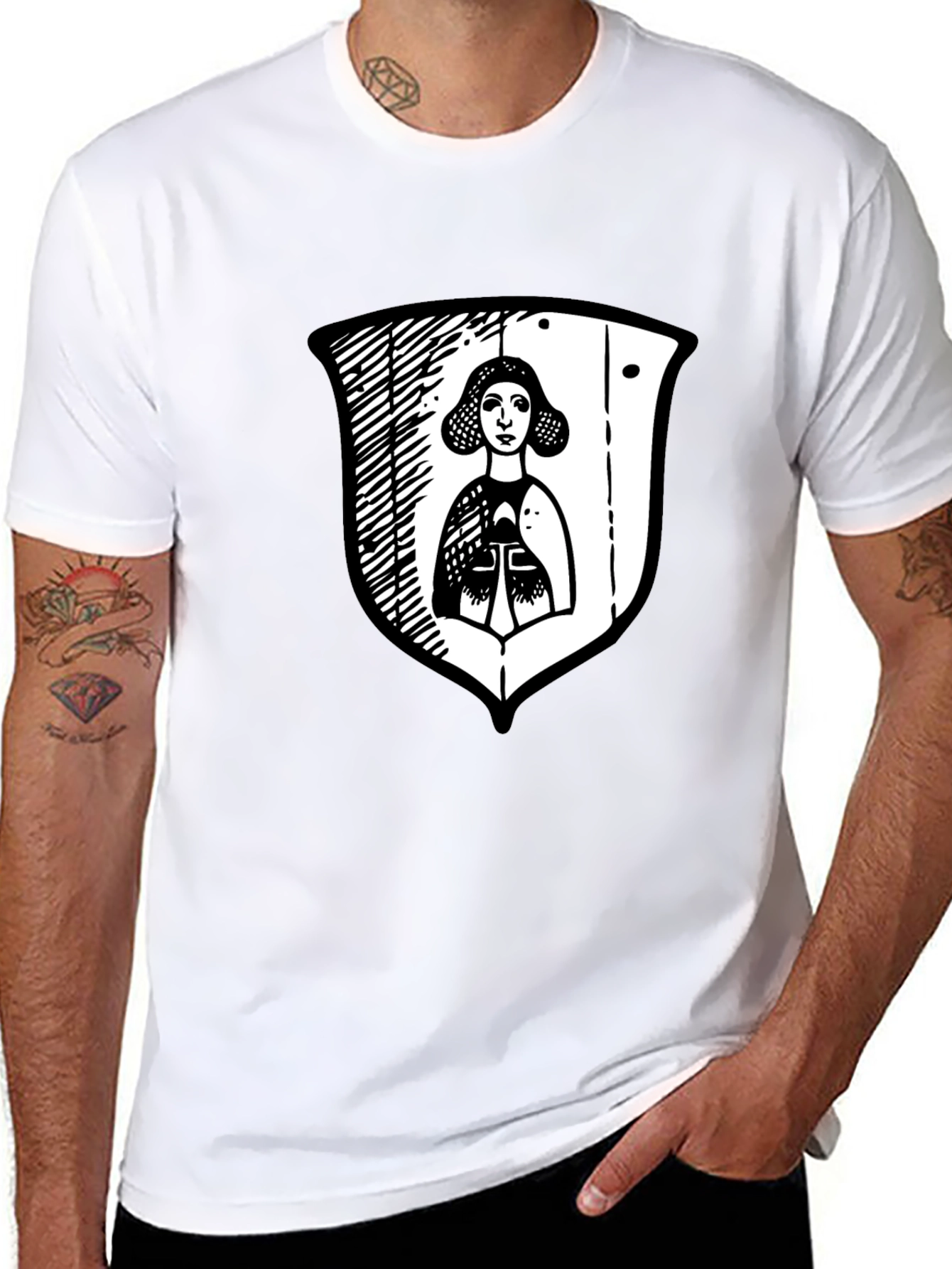 Black Graphic Tee with Medieval Lady Shield