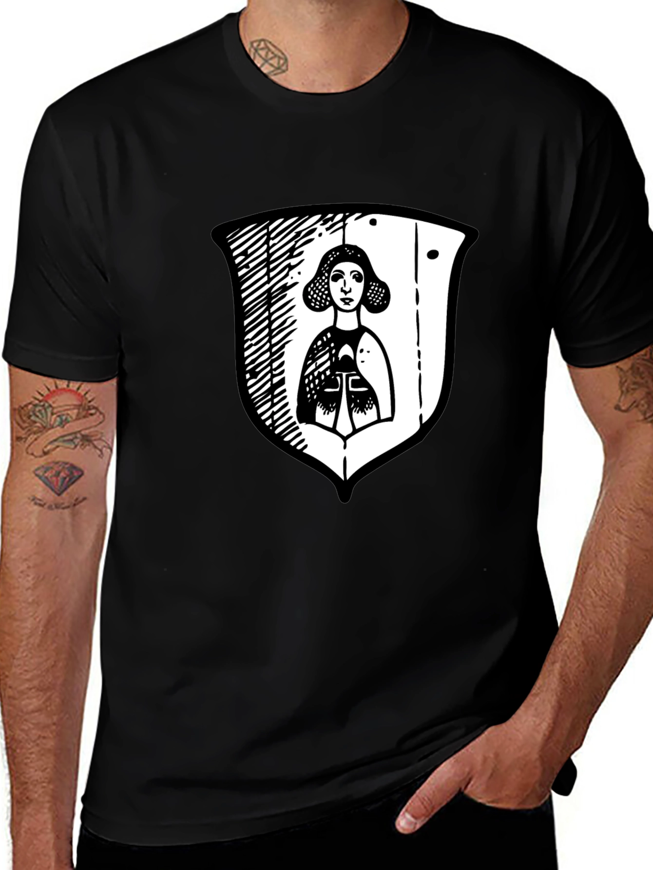Black Graphic Tee with Medieval Lady Shield