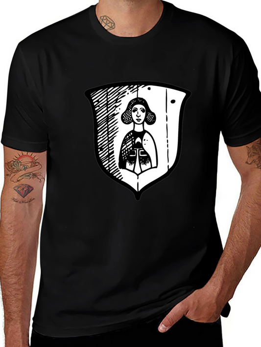 Black Graphic Tee with Medieval Lady Shield